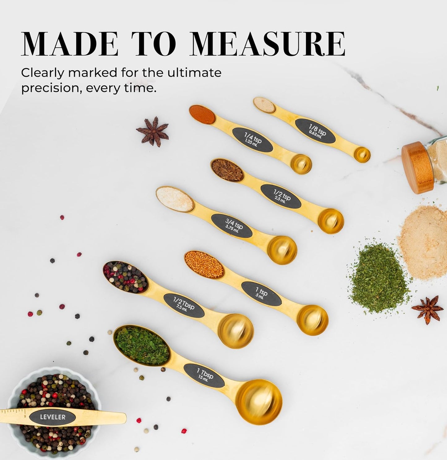 Styled Settings Magnetic Measuring Spoons Set, Gold | Stainless Steel Gold Measuring Spoons for Cooking and Baking - Cute and Durable Gold Kitchen Accessories - Great for Gifting