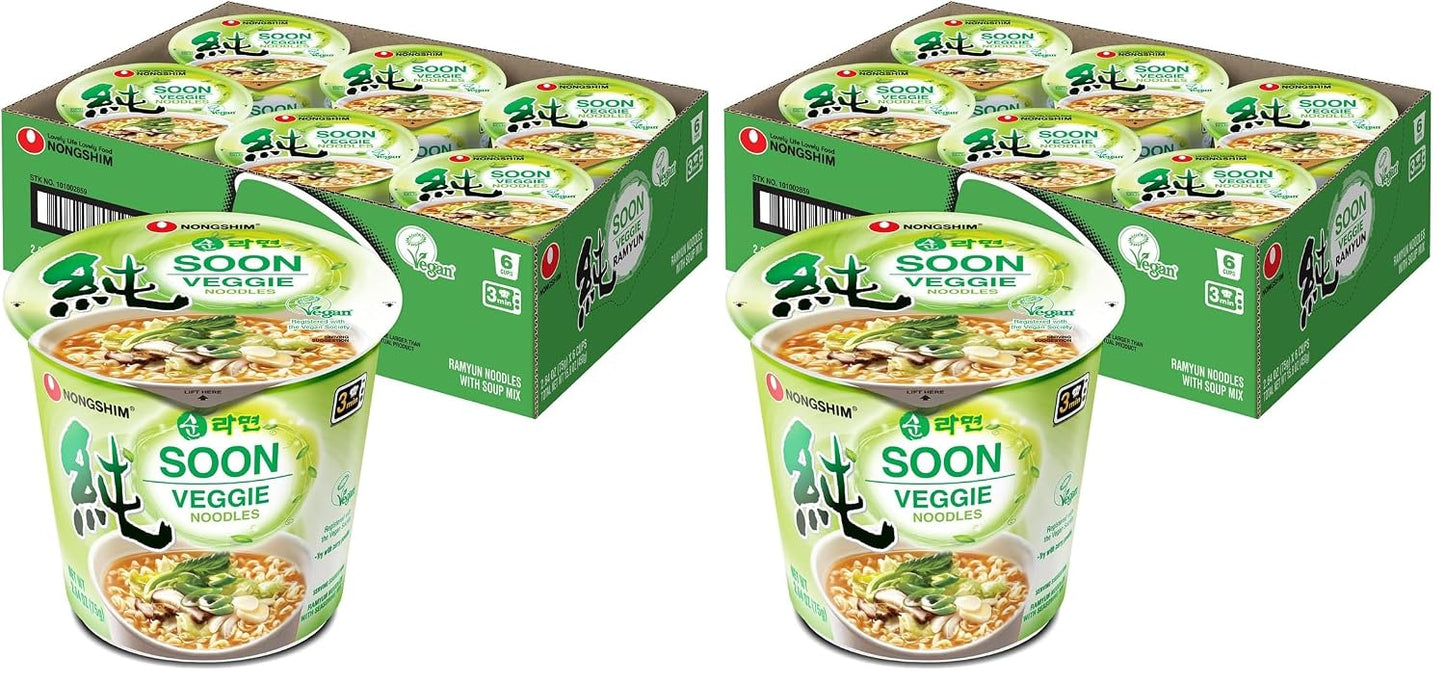 Nongshim Soon Veggie Cup Noodle Soup, 2.6 Oz, Pack of 6 - Bold Flavor, Plant-Based