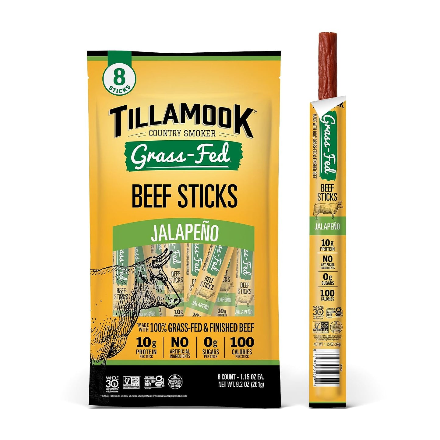 Tillamook Country Smoker 100% Grass Fed Beef Sticks, 8 Pack, 1.15 Ounce, Non-GMO, Gluten Free, High Protein Snack