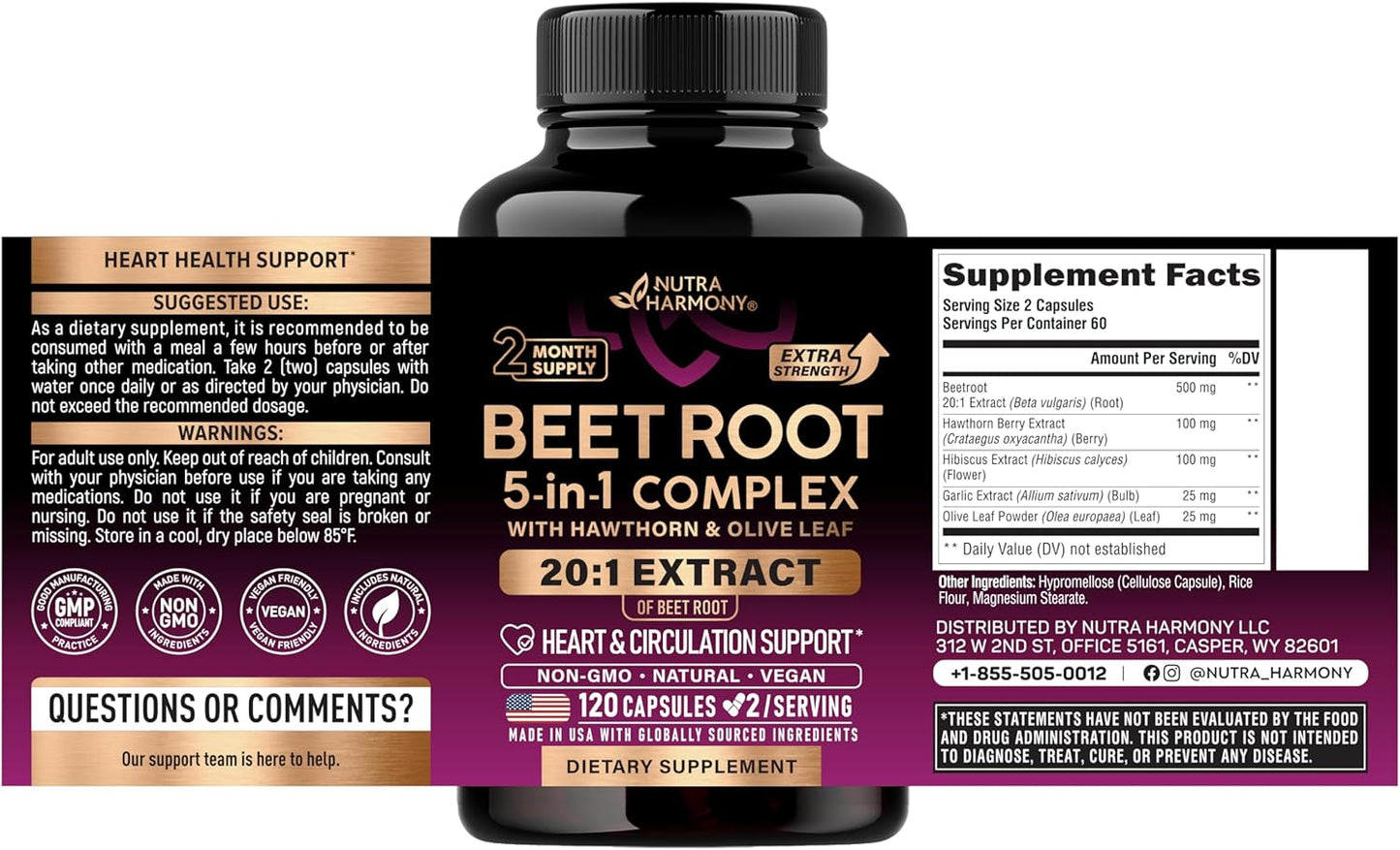 Beet Root 5-in-1 Complex Capsules - Healthy Blood Pressure Support Supplement** for Heart & Circulation Support - Olive Leaf, Hawthorn Berry & Hibiscus - for Men & Women - Lab Tested - 120 Capsules