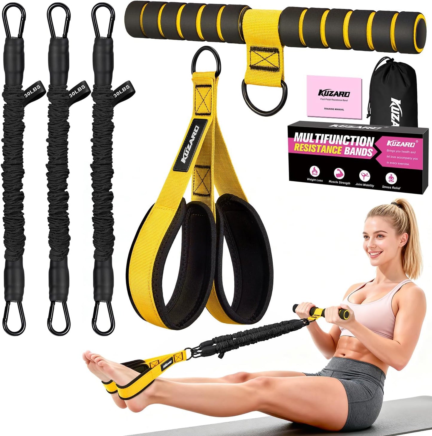 KUZARO Multifunction Pedal Resistance Bands for Full-Body Workout - Adjustable 30-90 lbs