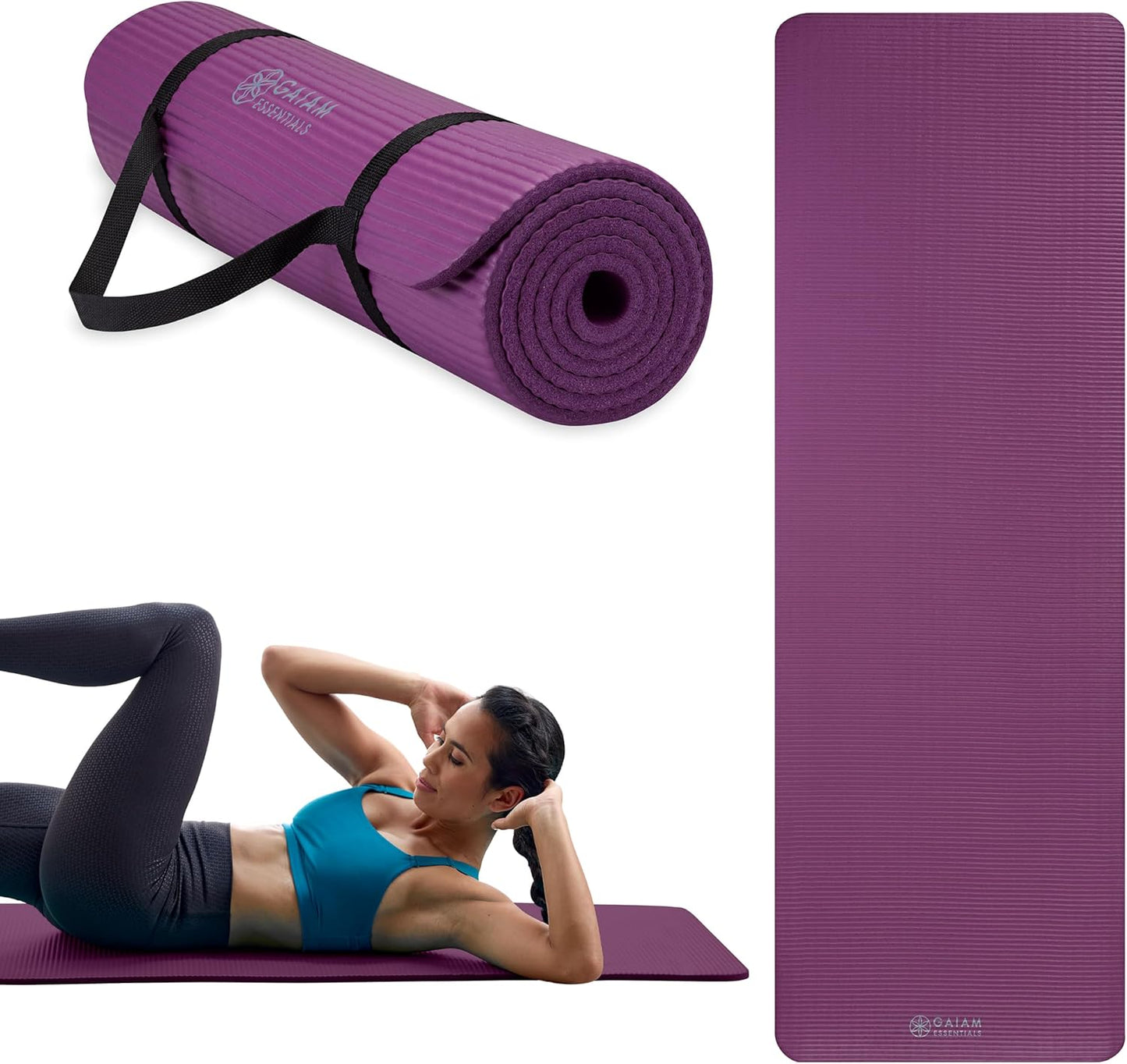Gaiam 10mm Yoga Mat with Carrying Strap for Home & Gym Workouts