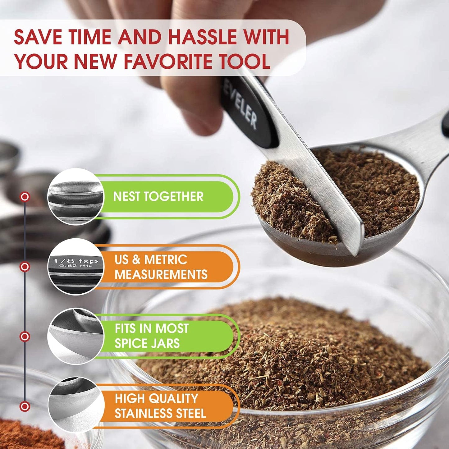 Spring Chef Stainless Steel Magnetic Measuring Spoons Set of 8, Black | Dual Sided Metal Teaspoon & Tablespoon Measuring Spoons with Leveler for Dry & Liquid Ingredients, Nesting, Dishwasher Safe