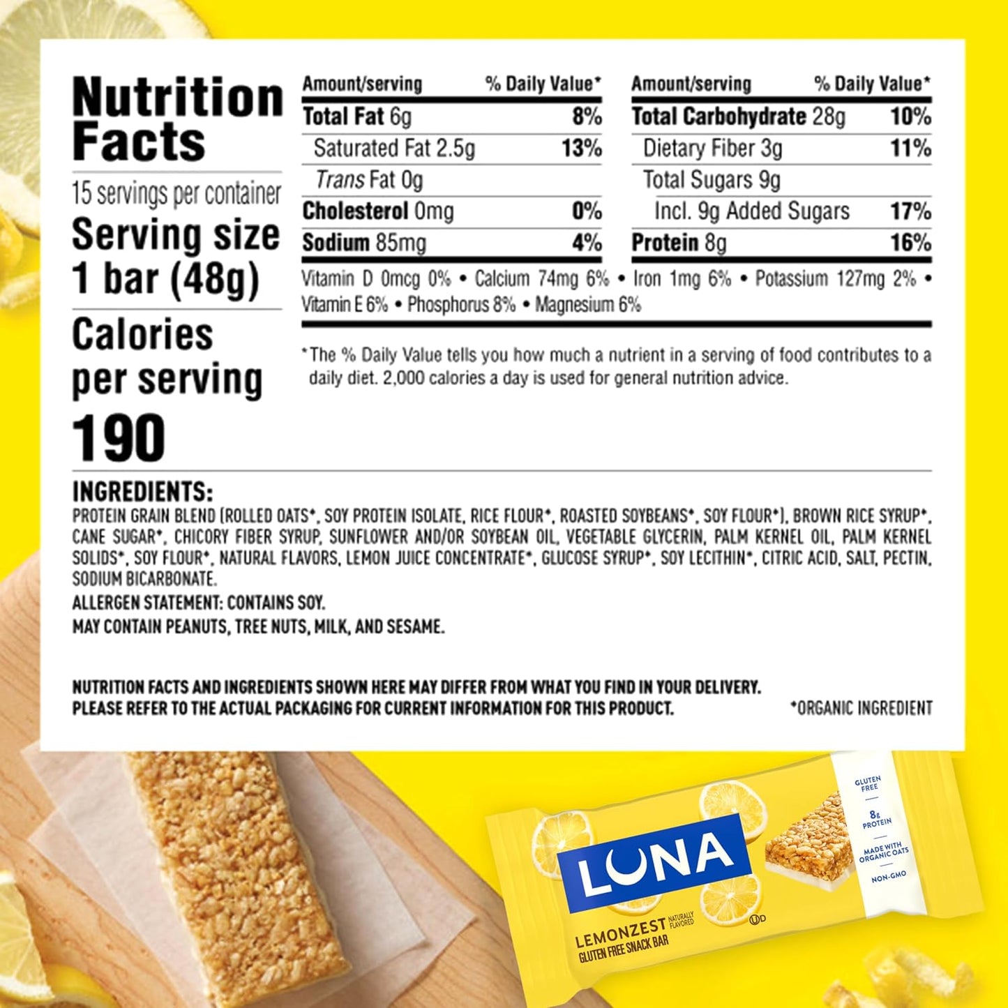 LUNA Bar LemonZest Flavor Gluten Free Snack Bars Value Pack 12 Pack