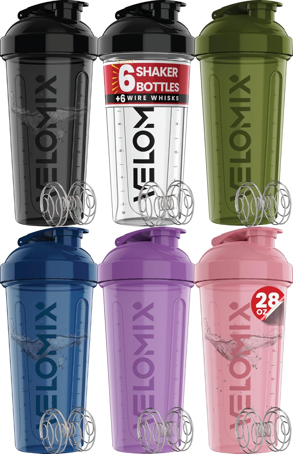 VELOMIX 28oz Protein Shaker Bottle 6-Pack - Leak-Proof, Smooth Mixes