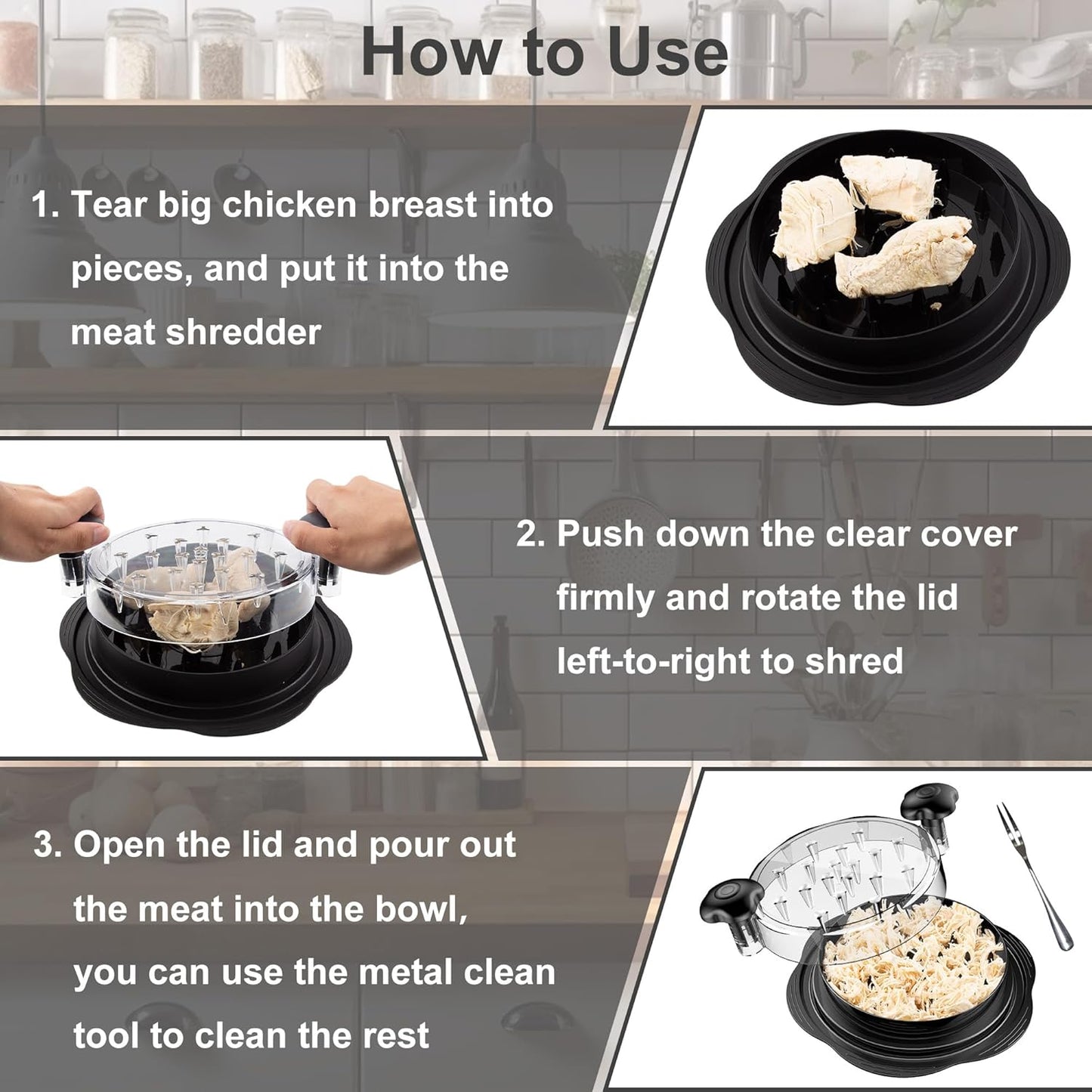 Chicken Shredder Tool Twist Large Meat Shredder with Brush&Fork, Black | Visible Chicken Breast Shredder, Strong Anti-Slip Strip, Ergonomic Handle, BPA Free, Kitchen Gadgets for Pork Beef Chicken