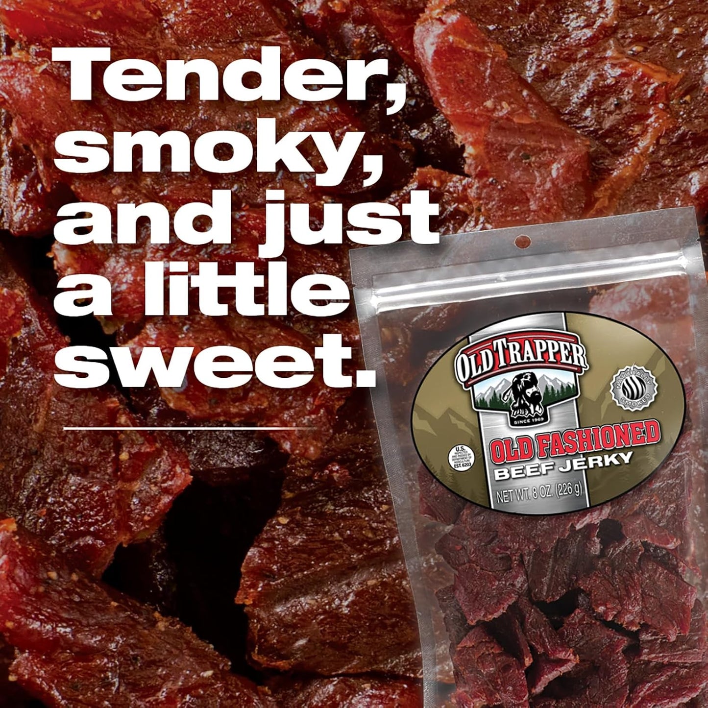 Old Trapper Beef Jerky, 8 Ounce Bag, Tender Meat Snacks for Lunches or Between Meals