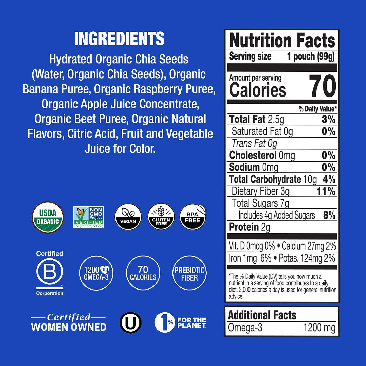 Mammachia Organic Chia Squeeze Vitality Snack, Wild Raspberry, No Added Sugar, Vegan Friendly, Kosher, USDA Certified Organic, Gluten Free & Non-GMO, 4 Count, 14 Ounce (Pack of 6)