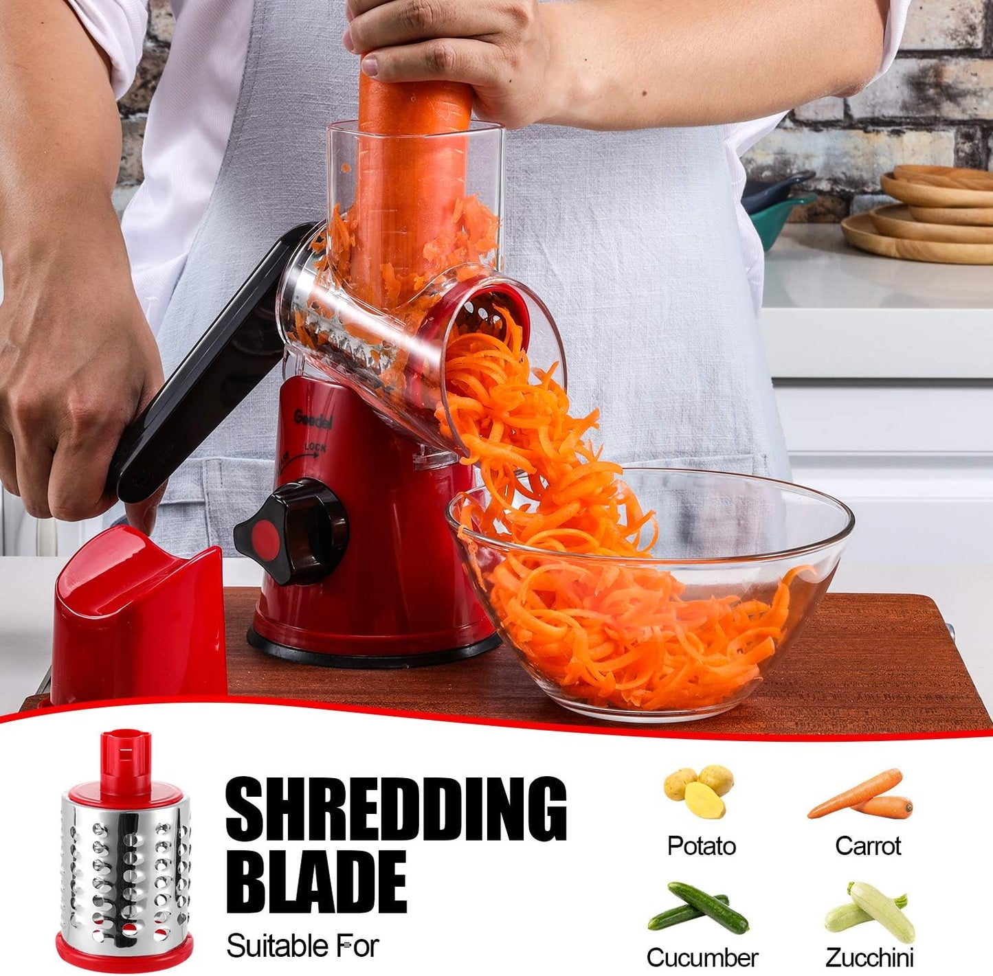 Geedel Rotary Cheese Grater Hand Crank, Cheese Shredder Vegetable Slicer | 3 Blades, 430 Stainless Steel, 12x Fast Cutting, Strong Suction Base, No BPA, Dishwasher Safe, for Cheese, Veggie, Nut