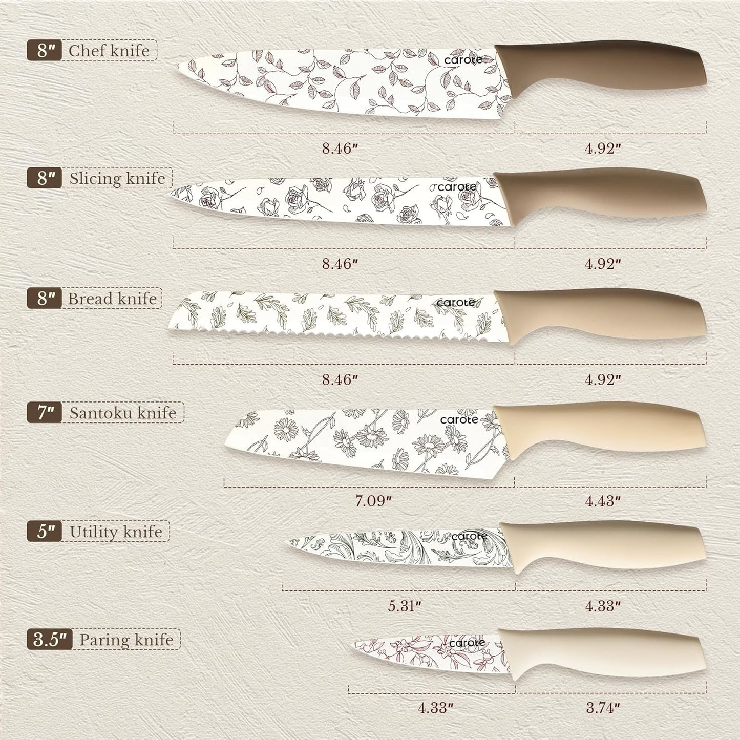 CAROTE Kitchen Knife Set, 6 Floral Knives with 6 Blade Guards, 12-Piece | Stainless Steel Blades, Ceramic Nonstick Coating, Long-Lasting Sharpness, Rust-Resistant, Non-Slip, Dishwasher Safe