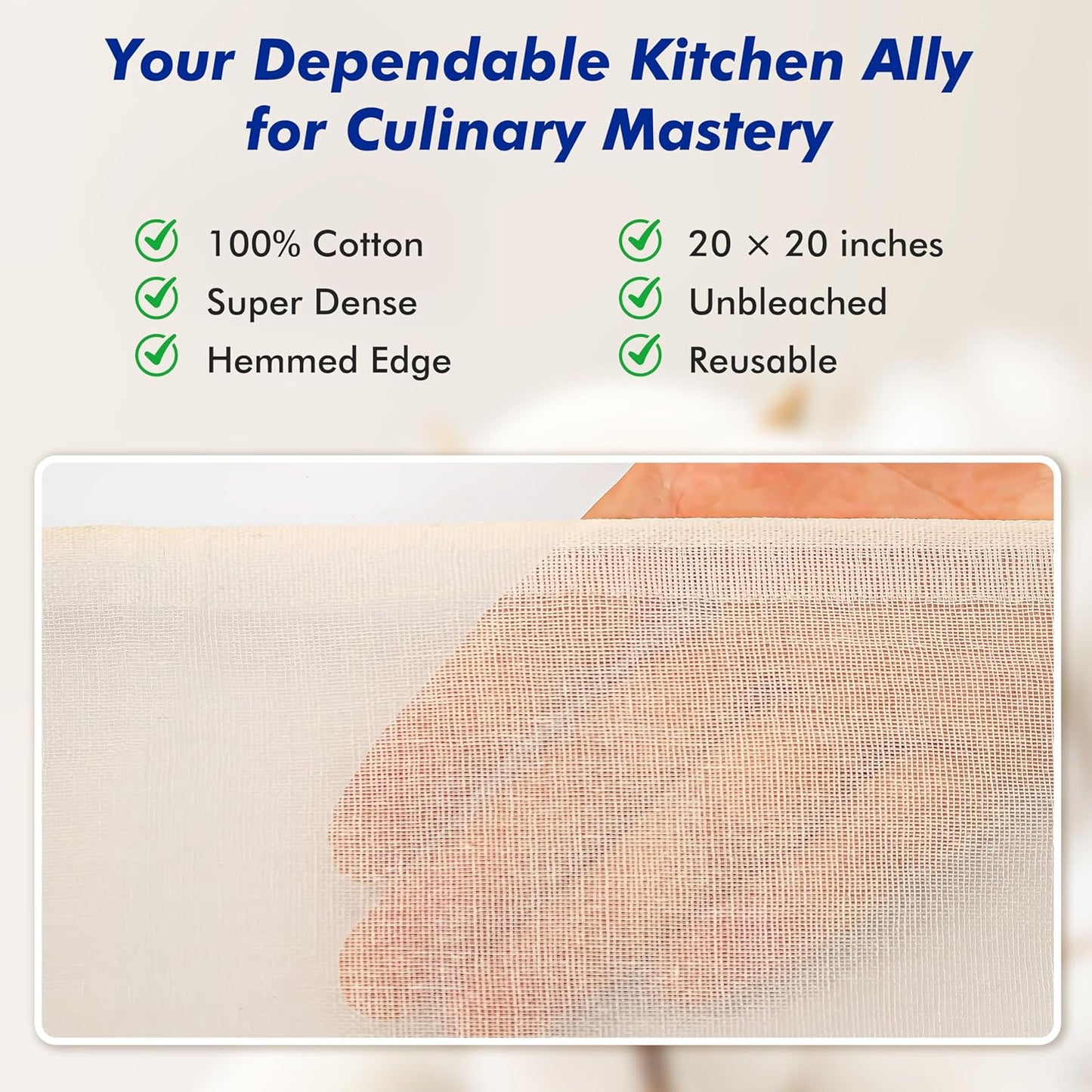 8 PCS Reusable Cheesecloth, Grade 100, 20x20 Inch Hemmed Cheese Cloth for Straining Craft, 100% Cotton Unbleached Cloth Strainer for Cooking, Baking, Juicing, Cheese Making