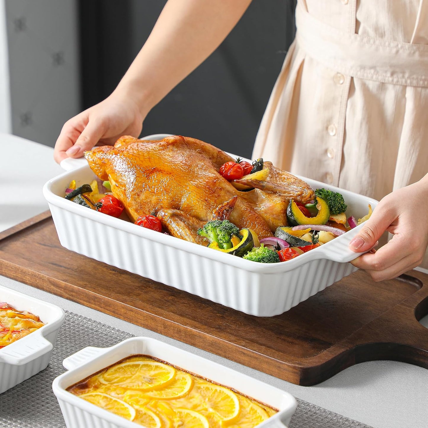 MALACASA Casserole Dishes for Oven, Ceramic Baking Dishes Set of 4, White | Rectangular Deep Lasagna Pans with Handles for Roasting Vegetable, Cake, Durable Bakeware, Wedding Gift(9.4/11.1/12.2/14.7")