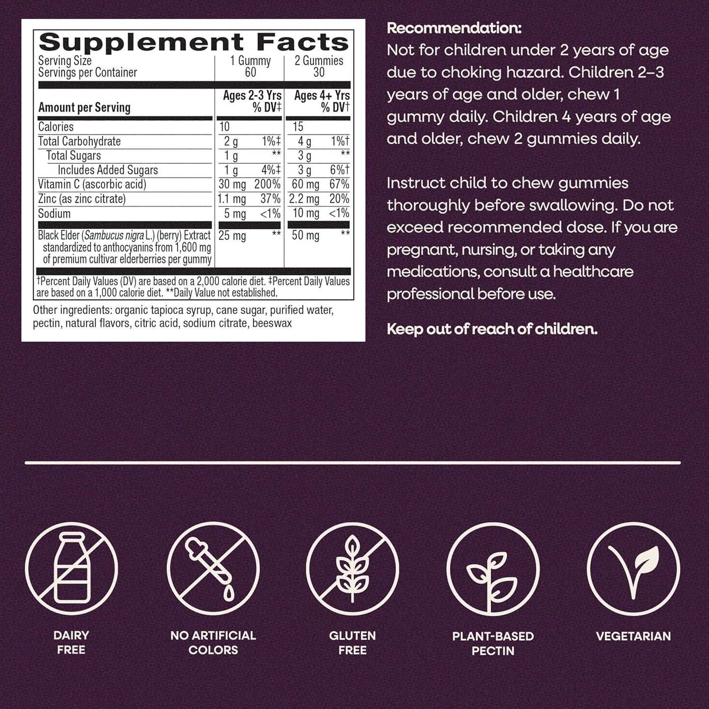Nature's Way Sambucus Kids Elderberry Immune Gummies with Black Elderberry Extract, Daily Immune Support Gummy with Vitamin C and Zinc for Children Ages 2+*, 60 Gummies