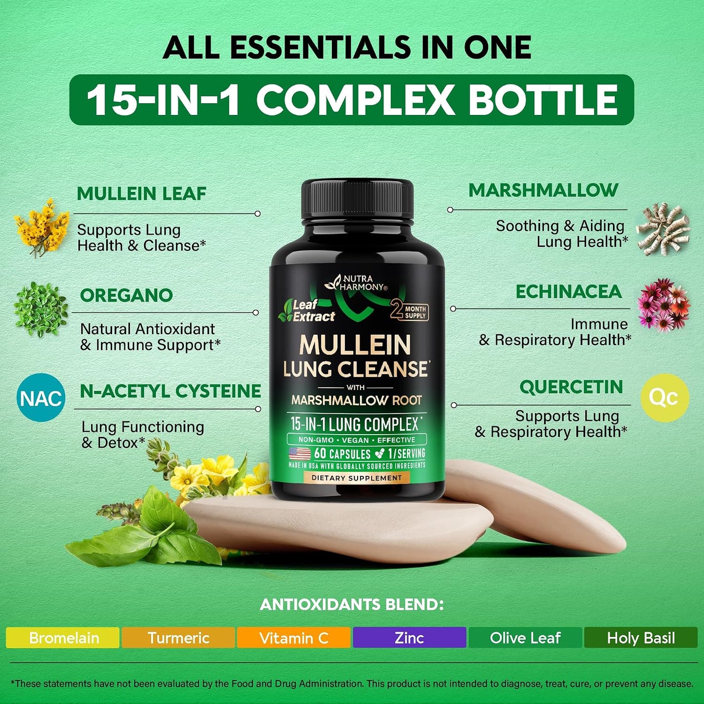 Mullein Lung Detox Supplement with Mullein Leaf 10:1 Extract and 15-in-1 Lung Support