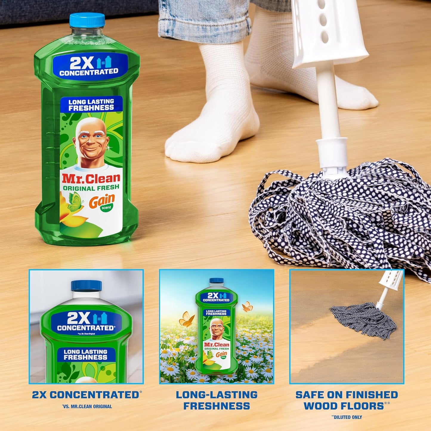 Mr. Clean All Purpose Cleaner, Floor Cleaner for Mopping Home, Bathroom, & Kitchen, Cleaning Liquid for Mop & Bucket, Cleaning Supplies, Multi-Surface Dilutable, Gain, 41oz