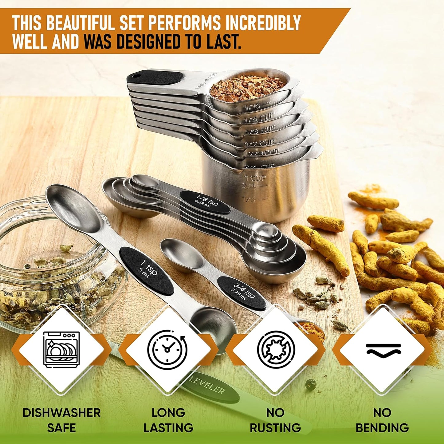 Spring Chef Magnetic Measuring Cups & Spoons Set of 15, Patented, Black | Stackable Stainless Steel Measuring Cups & Heavy Duty Metal Measuring Spoons with Levelers for Dry & Liquid Ingredients