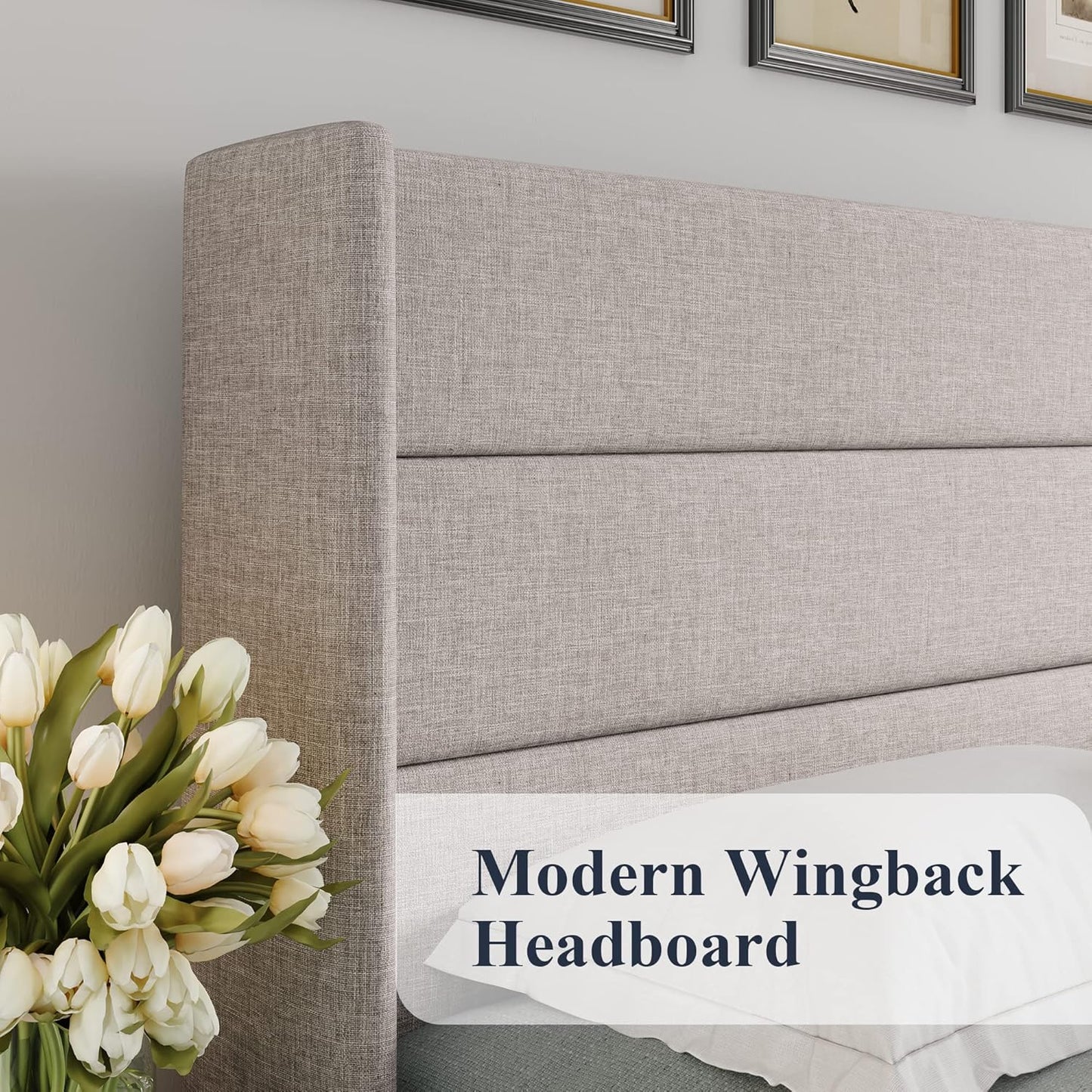 Allewie King Size Lift Up Storage Bed, Modern Wingback Headboard, Hydraulic Support, No Box Spring Needed, Light Beige