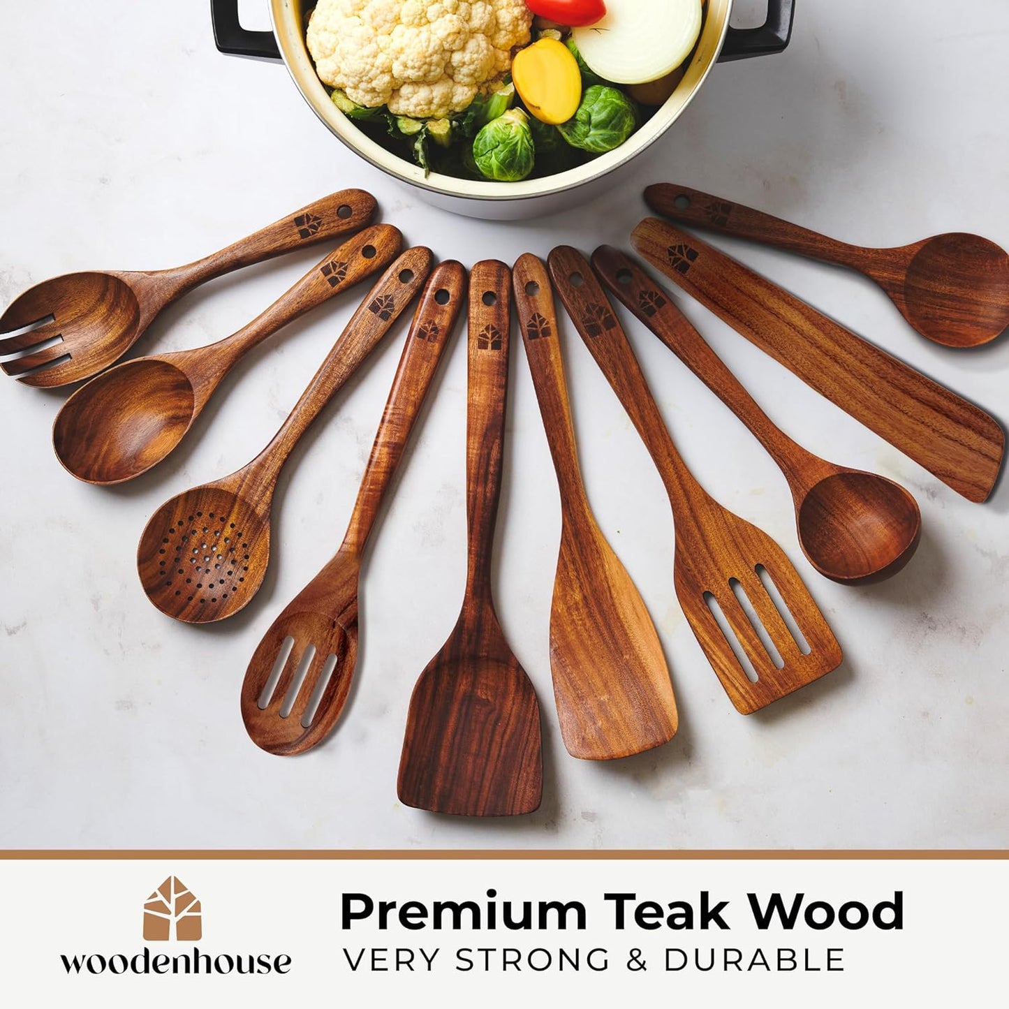 Wooden Spoons for Cooking, 12 Pcs Teak Utensil Set with Holder & Hooks | Includes Spoon Rest for Storage – Heat Resistant, Durable & Nonstick Safe Kitchen Cookware