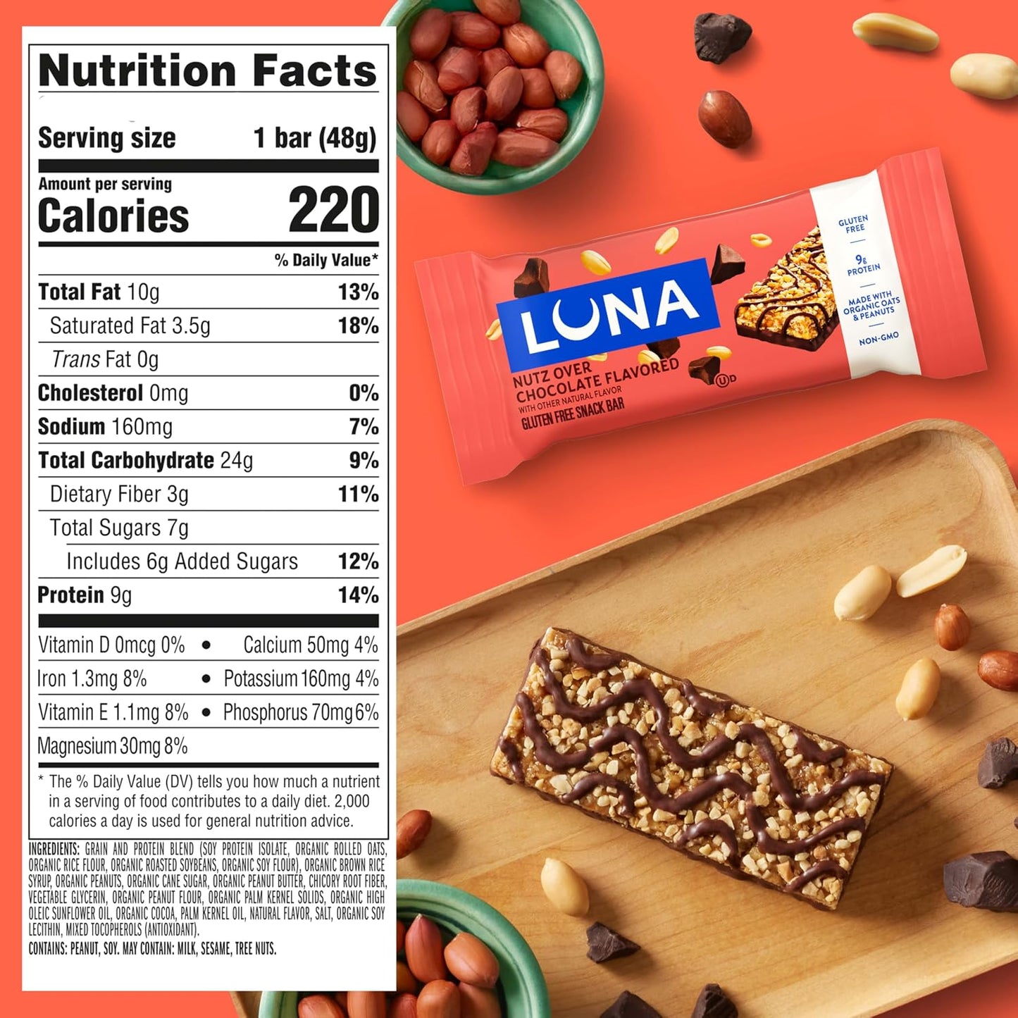 LUNA Bar Nutz Over Chocolate Flavor Gluten-Free Non-GMO 7-9g Protein Made with Organic Oats Low Glycemic