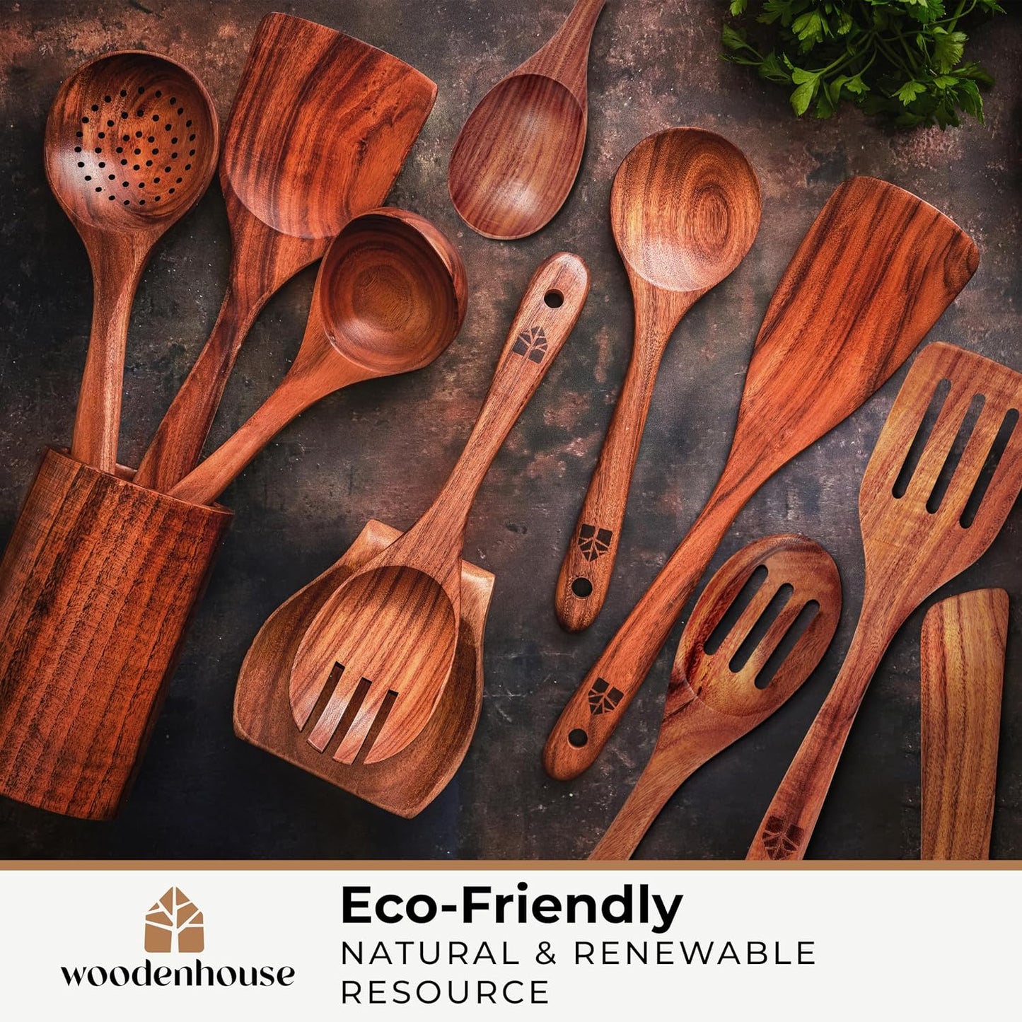 Wooden Spoons for Cooking, 12 Pcs Teak Utensil Set with Holder & Hooks | Includes Spoon Rest for Storage – Heat Resistant, Durable & Nonstick Safe Kitchen Cookware