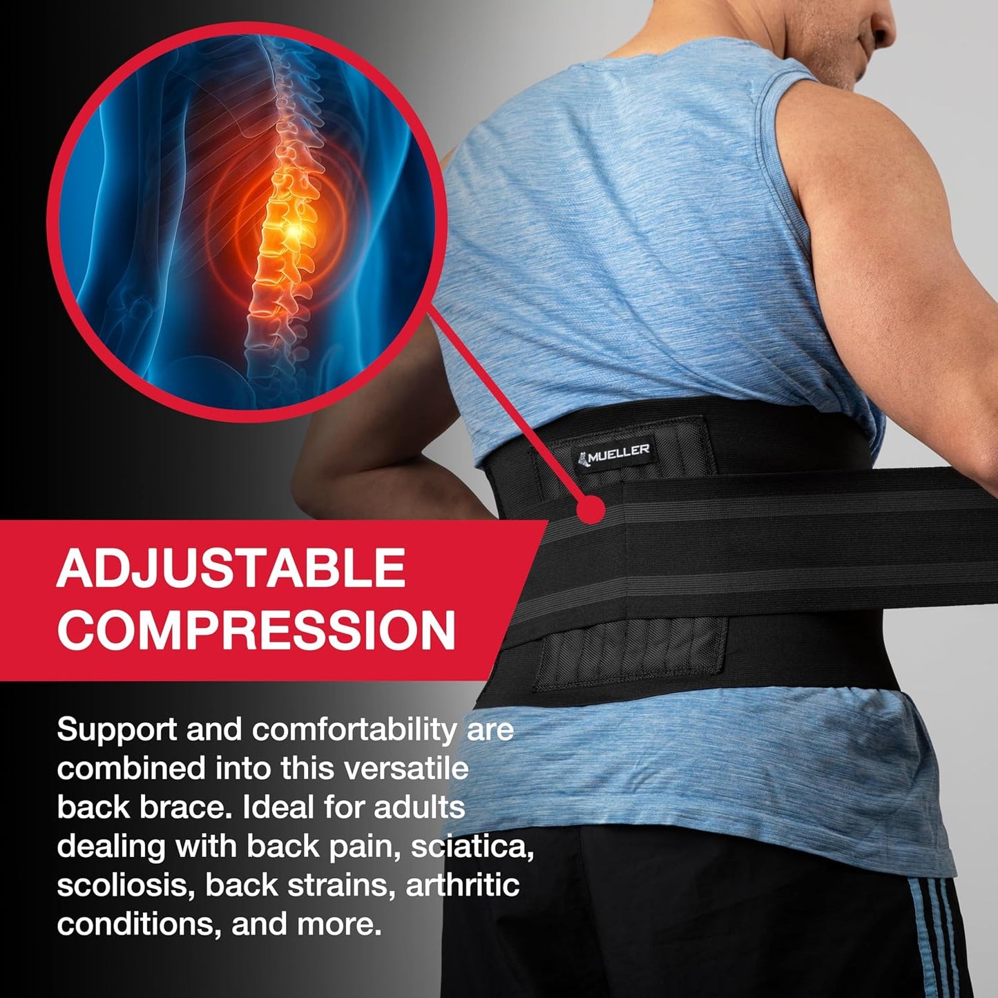 MUELLER Sports Medicine Adjustable Back Brace for Upper and Lower Back Pain Relief