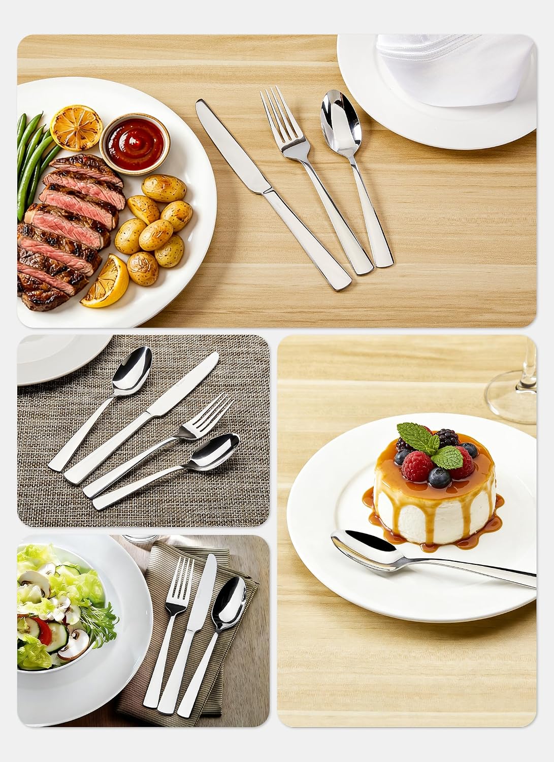 45-Piece Stainless Steel Silverware Set for 8, Dishwasher Safe | For Home, Restaurant & Travel, Heavy-Duty 45pc Set, Includes 8 Steak Knives, Mirror-Polished & Rust-Proof, Ergonomic Design