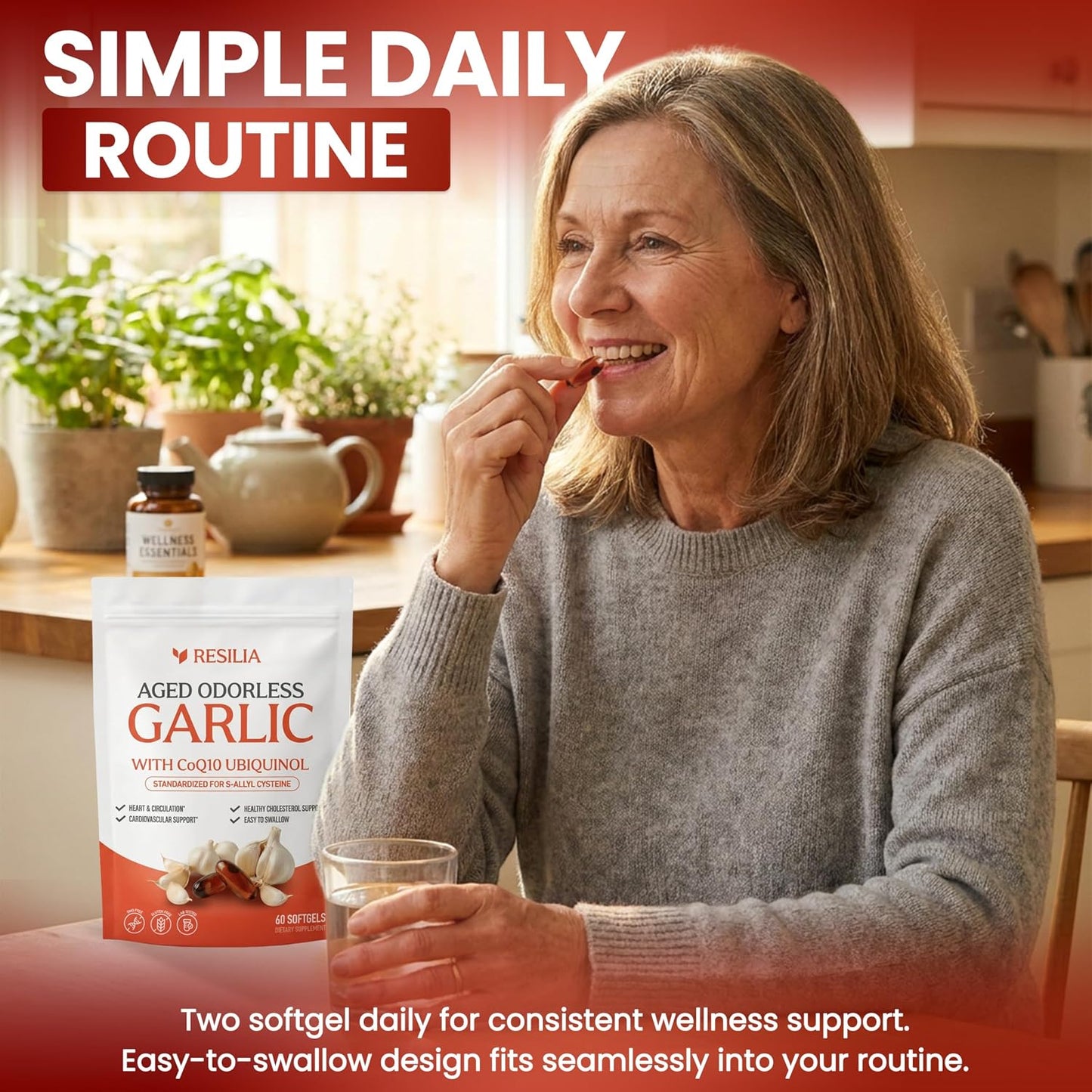 Resilia Garlic Extract 600mg Softgels (60 Count) – Odorless Aged Garlic Extract Supplement with CoQ10 Ubiquinol – 20-Month Matured, Standardized for S-Allyl Cysteine - Heart Health & Immune Support