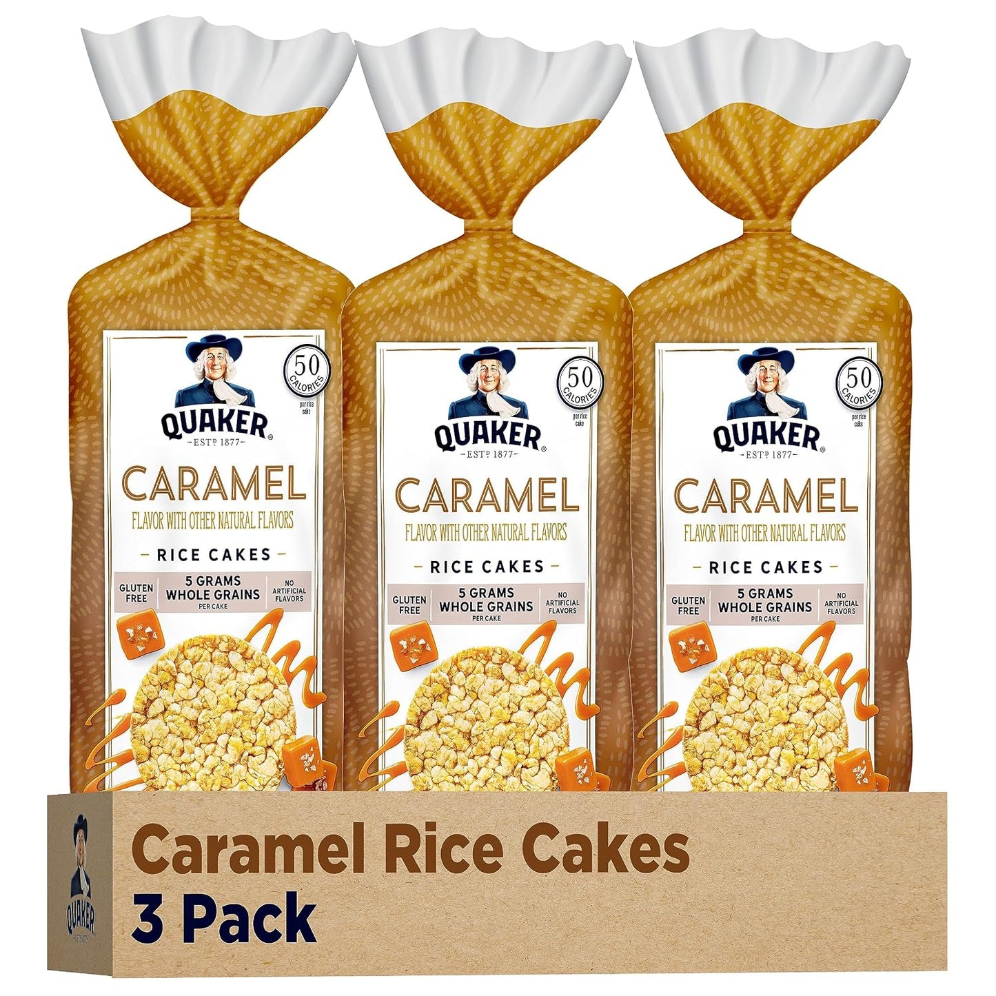 Quaker Large Rice Cakes Caramel Pack of 3 Whole Grain Brown Rice Baked Snack