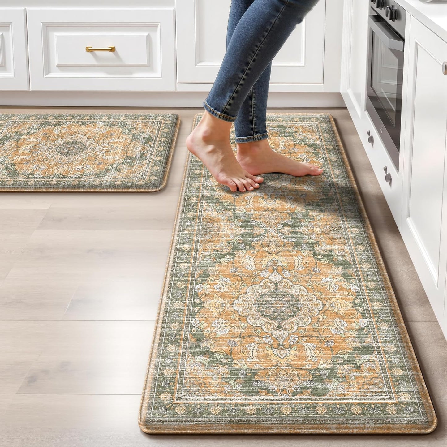 Boho Kitchen Mats for Floor 2 Piece Set Anti Fatigue Cushioned PVC Kitchen Rugs Non Slip Waterproof Farmhouse Mats 2/5 Inch Comfort Standing Mat for Sink, Laundry, 17.3"x47"+17.3"x28", Beige Tan