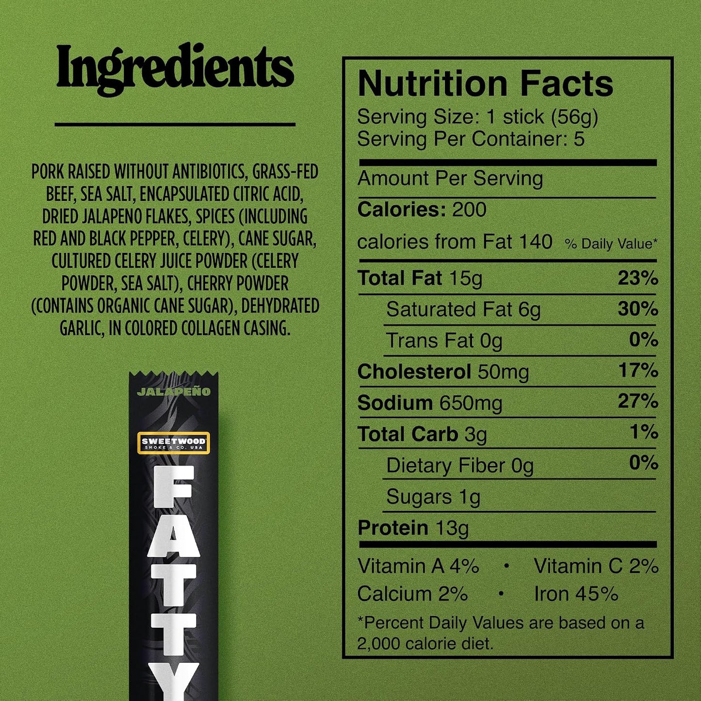Grass Fed Beef and Pork Meat Sticks, 13g Protein Per Stick, Jalapeno, 2 oz. (Pack of 5)