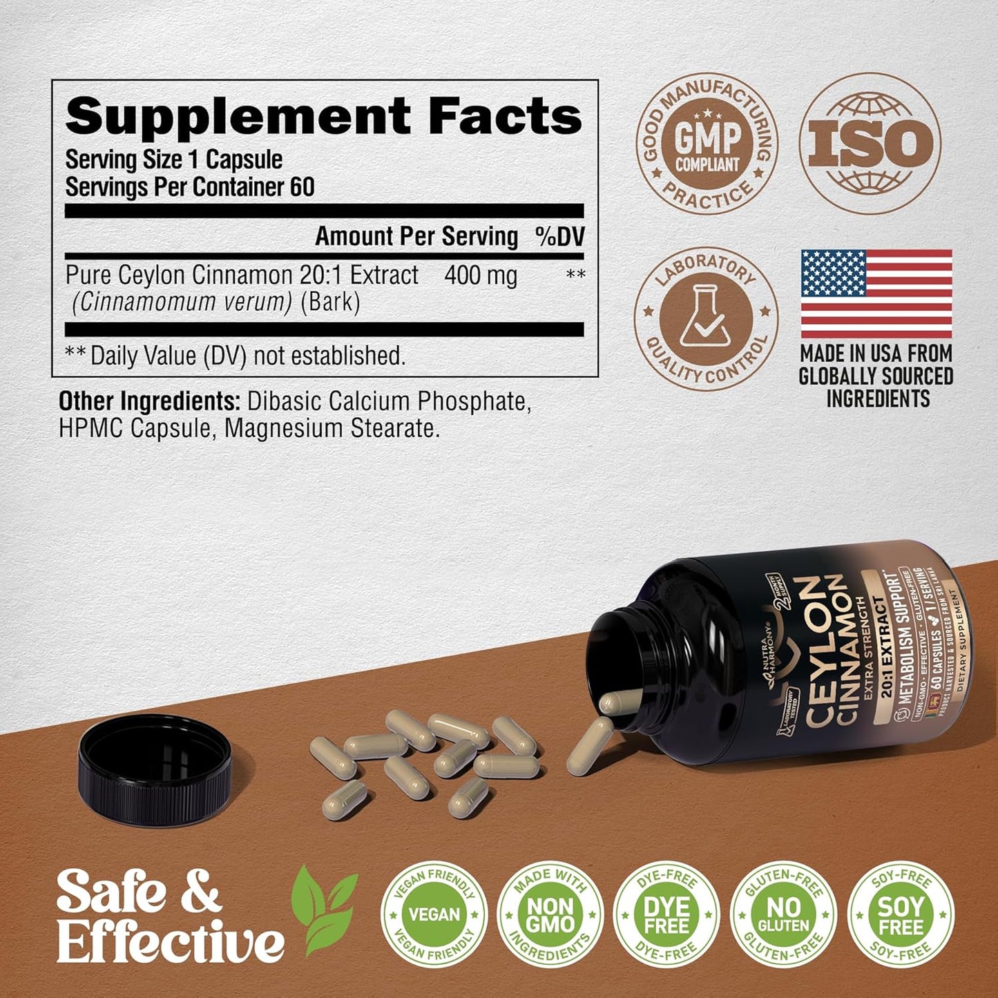 Ceylon Cinnamon Capsules - Extra Strength - 20:1 Extract Supplement