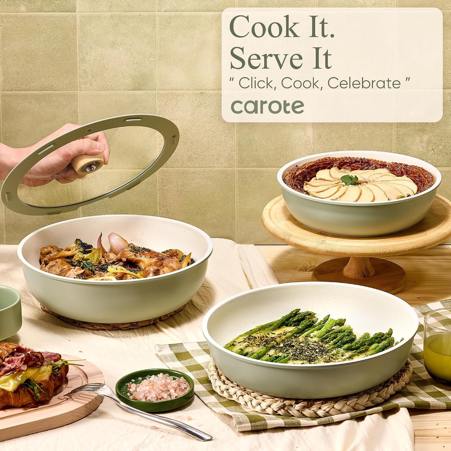 CAROTE 19pcs Pots and Pans Set Non Stick, Detachable Handle Cookware | Kitchen Cooking Sets, Space Saving, Dishwasher & Oven Safe, Non-Toxic, for Camping/RV/Traveling, Sage Green