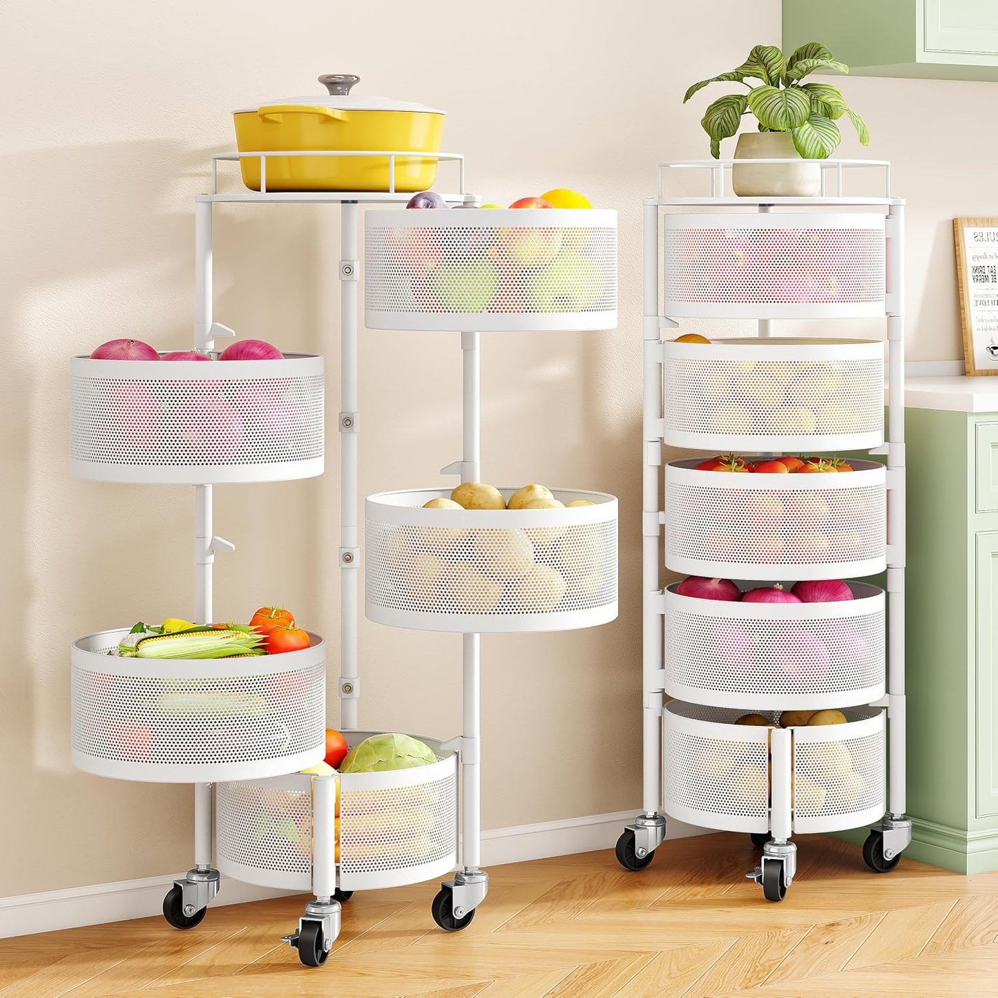 SNTD Fruit and Vegetable Basket Bowls for Kitchen with Metal Top Lid, 5 Tier Rotating Storage Rack Cart for Potato Onion Bread Banana, Wire Basket Organizer on Wheels, Large, Black