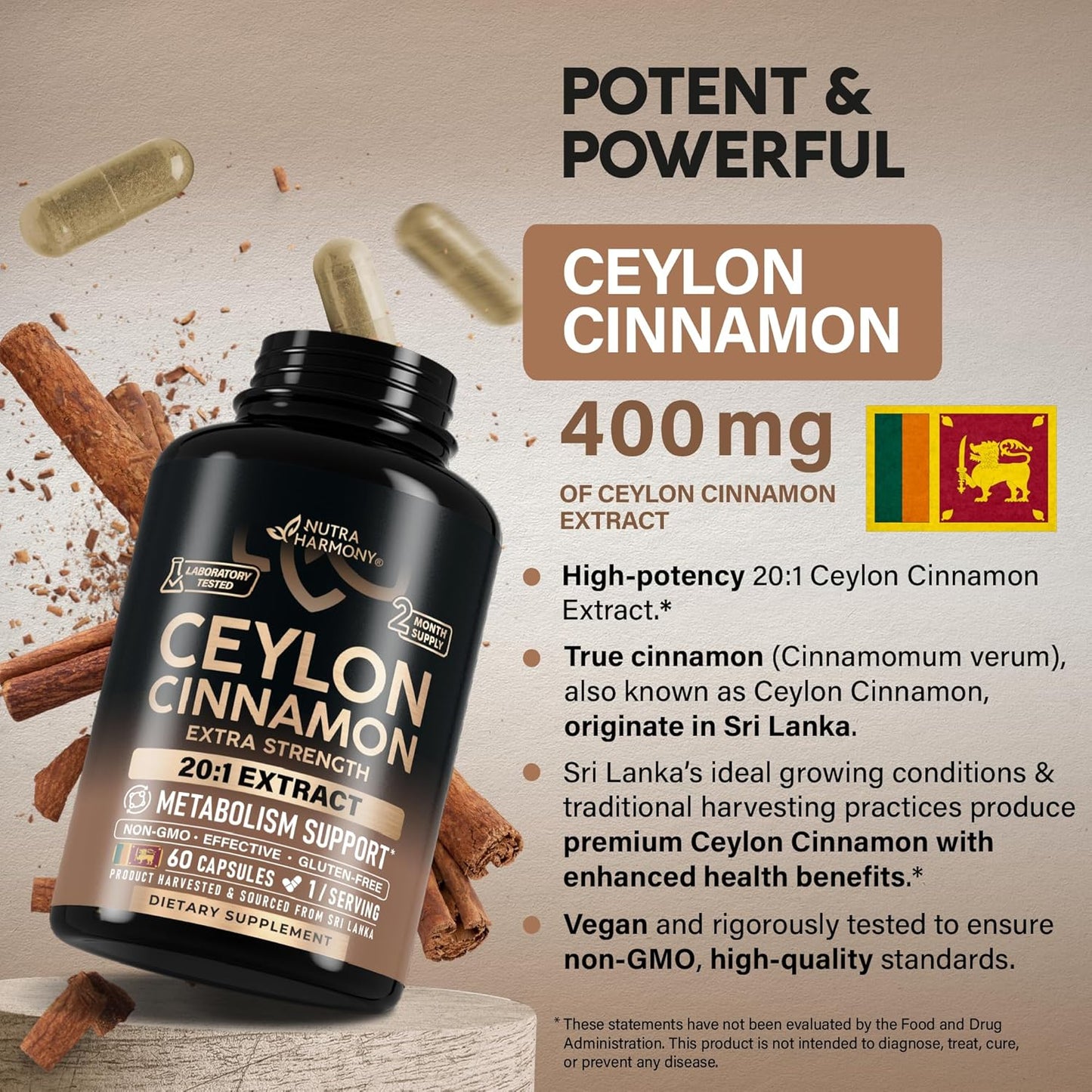 Ceylon Cinnamon Capsules - Extra Strength - 20:1 Extract Supplement
