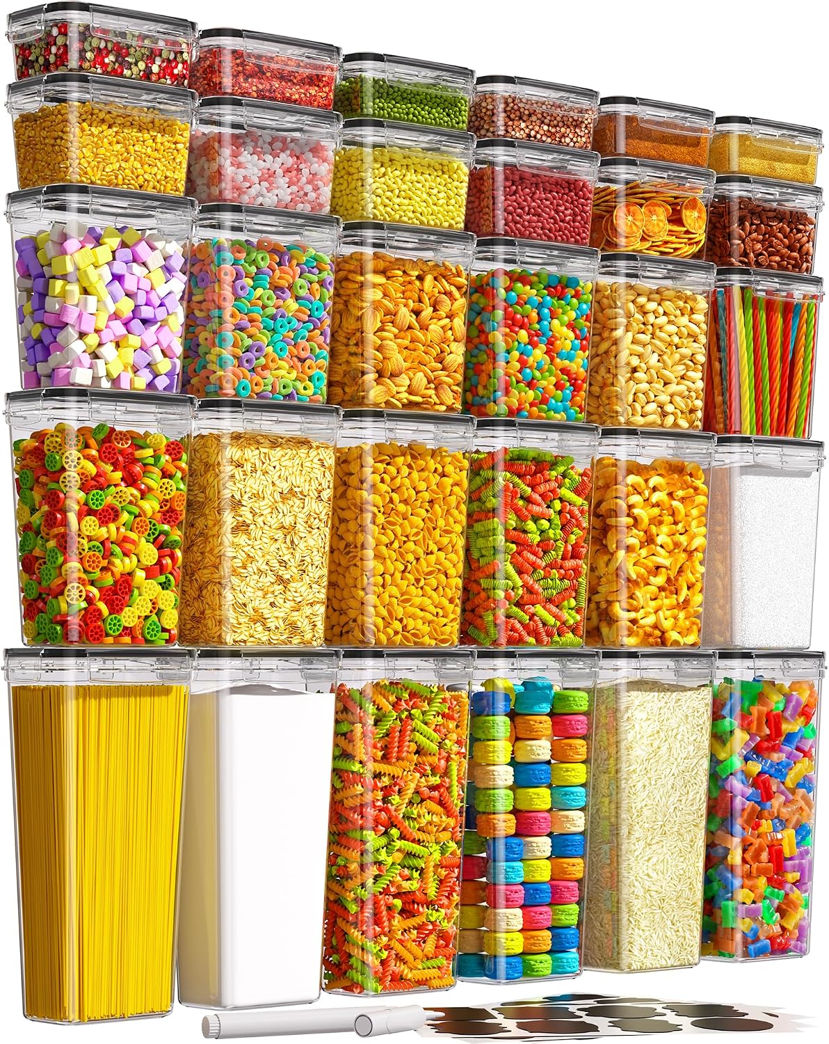 Airtight Food Storage Containers with Lids, 24 PCS Kitchen and Pantry Organization Canisters, BPA-Free, PVC-Free, Food-grade Plastic Leak-proof Jars for Cereal, Flour, Sugar, Extra 24 Labels & Marker