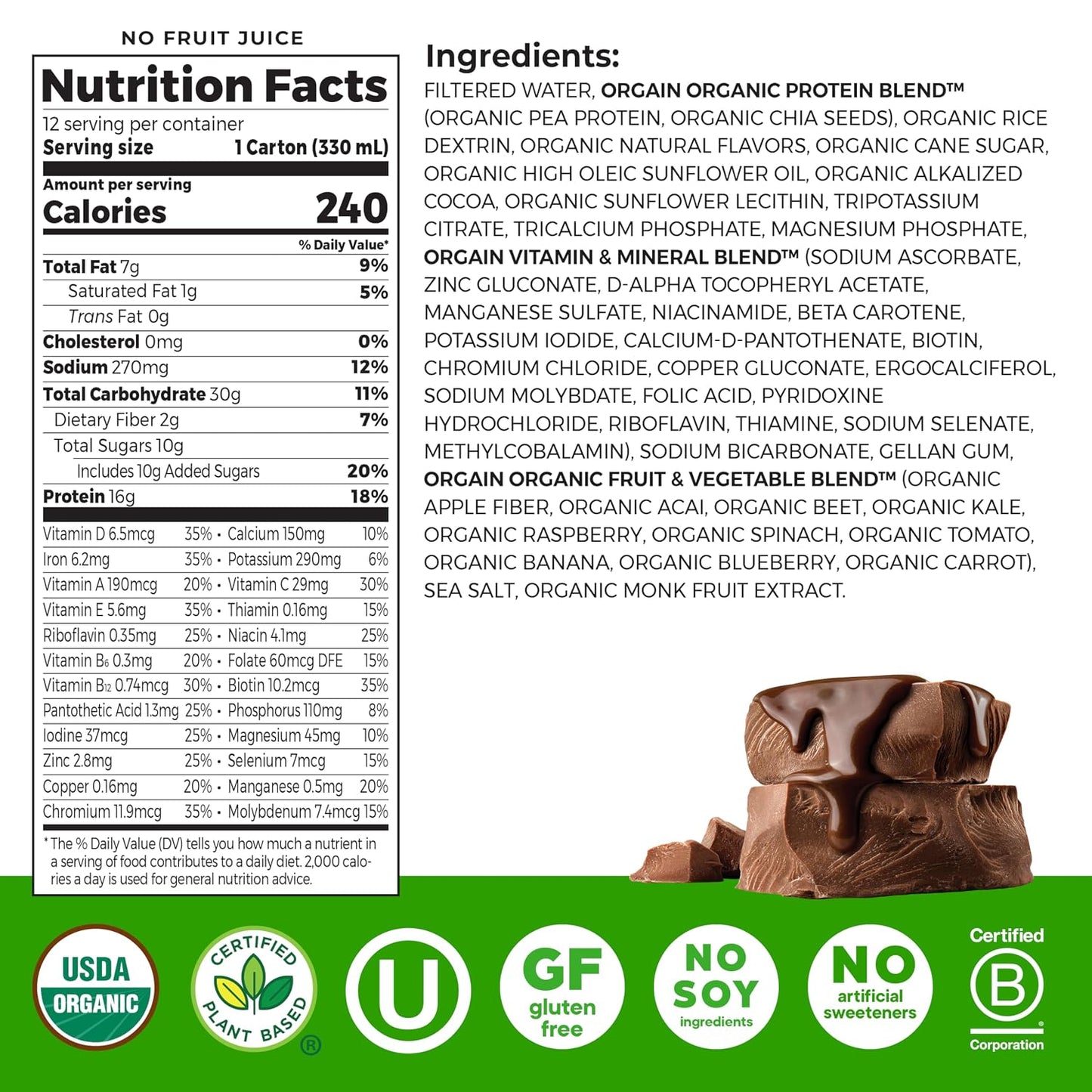 Orgain Organic Nutritional Vegan Protein Shake, Smooth Chocolate - 16g Plant Based Protein, Meal Replacement, 22 Vitamins & Minerals, Fruits & Vegetables, Gluten Free, Non-GMO, 11 Fl Oz (Pack of 12)