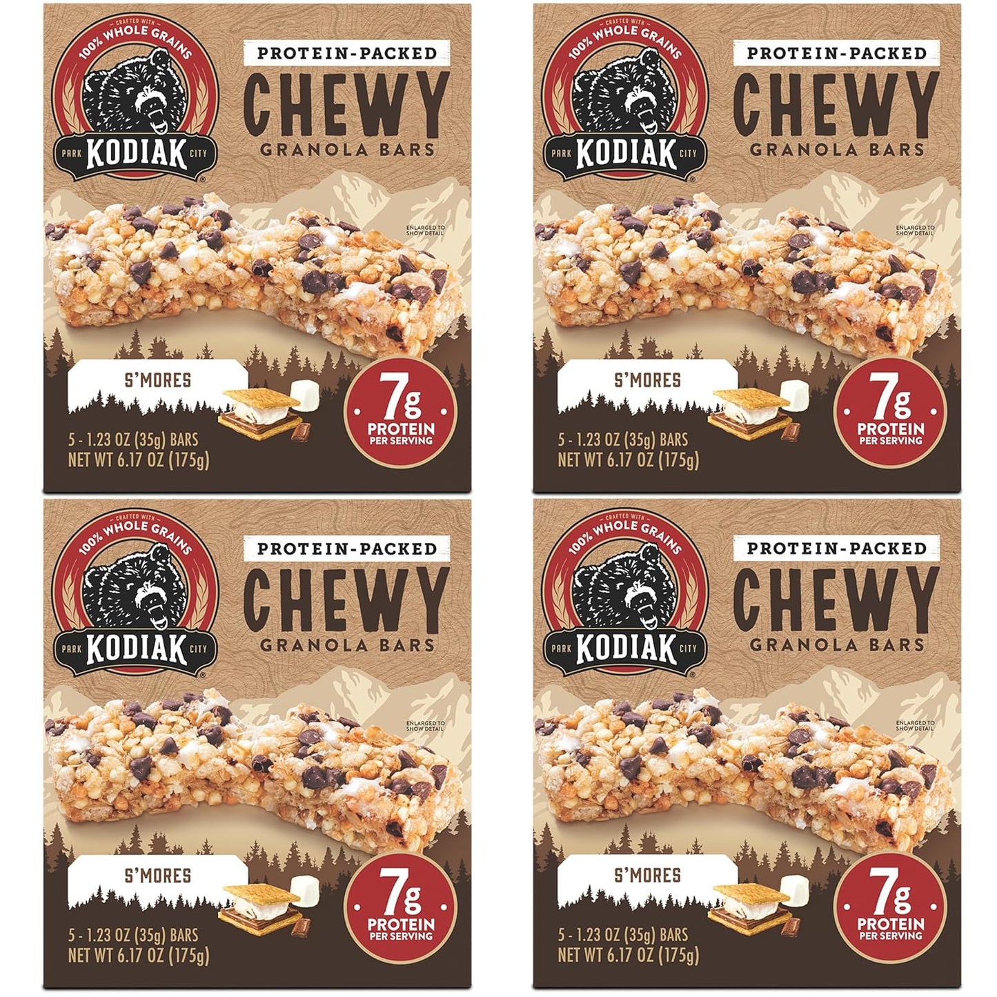 Kodiak Cakes Chewy Granola Snack Bars, S'mores, High Protein, 100% Whole Grains, Pack of 4