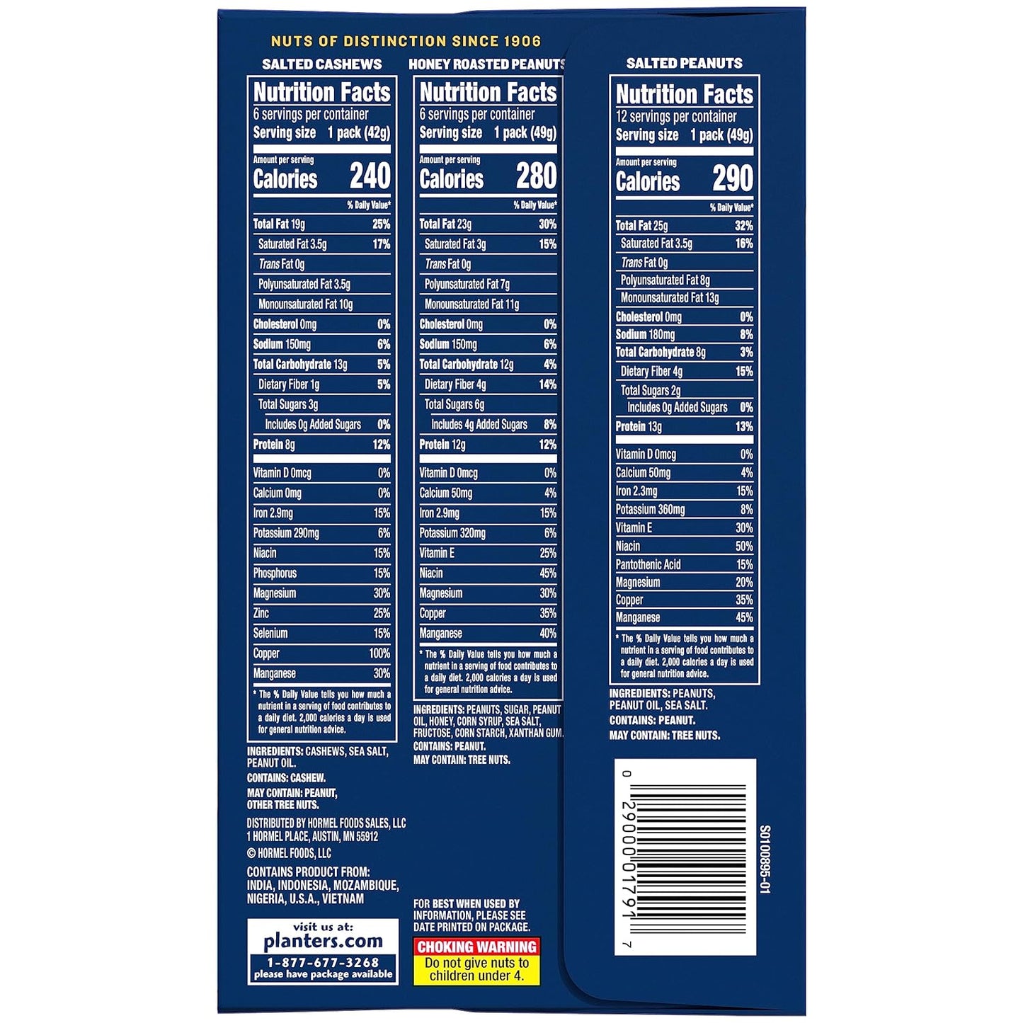 PLANTERS Variety Pack with Salted Cashews, Peanuts, and Honey Roasted Peanuts, 36 Count
