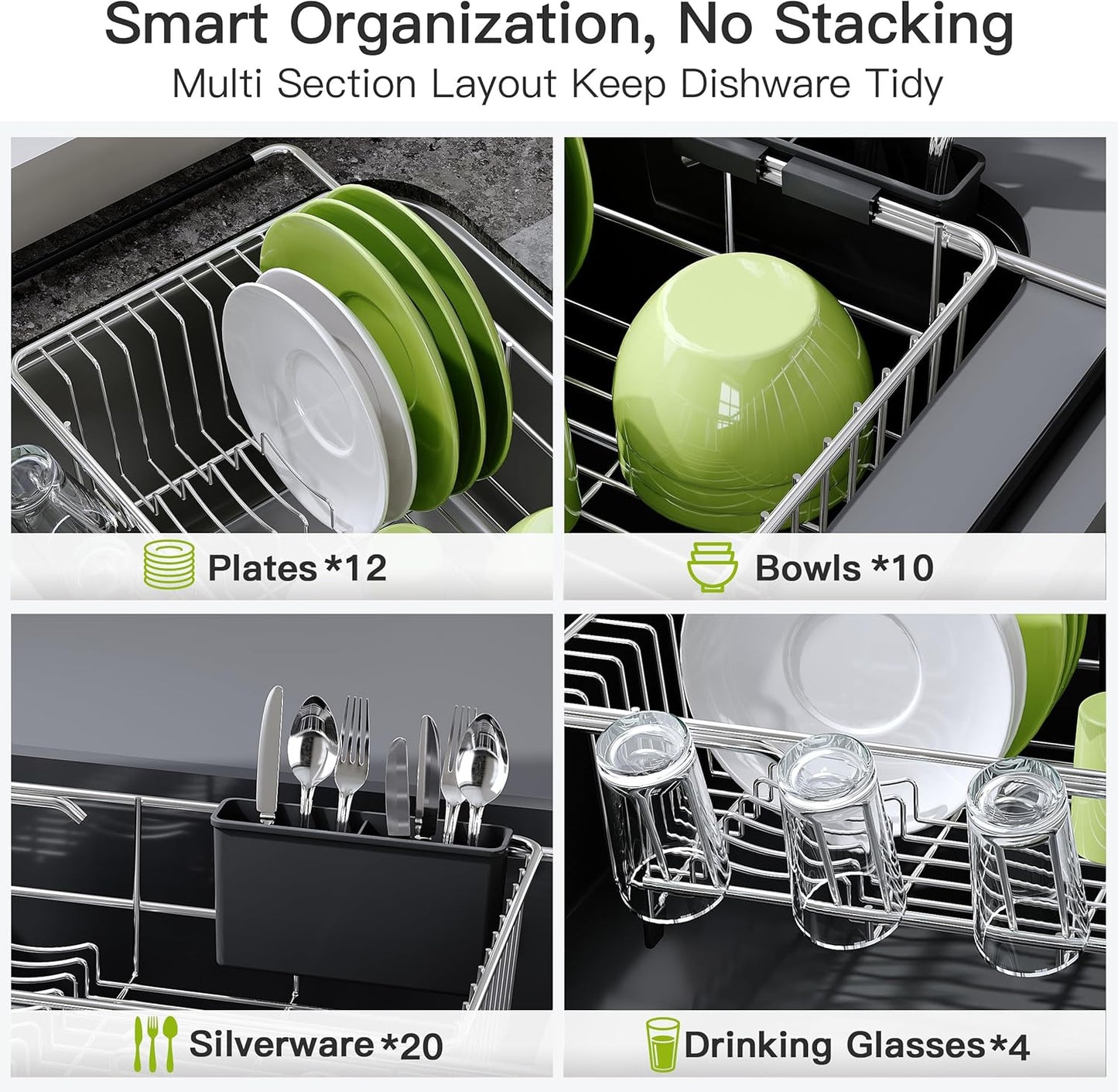 JASIWAY Dish Drying Rack in Sink, Dish Drainer with Cup and Utensil Holder | Over The Sink Expandable Stainless Steel Strainer Dryer Rack for Small Kitchen, Counter Space Saving, Fast Drain, Rustproof