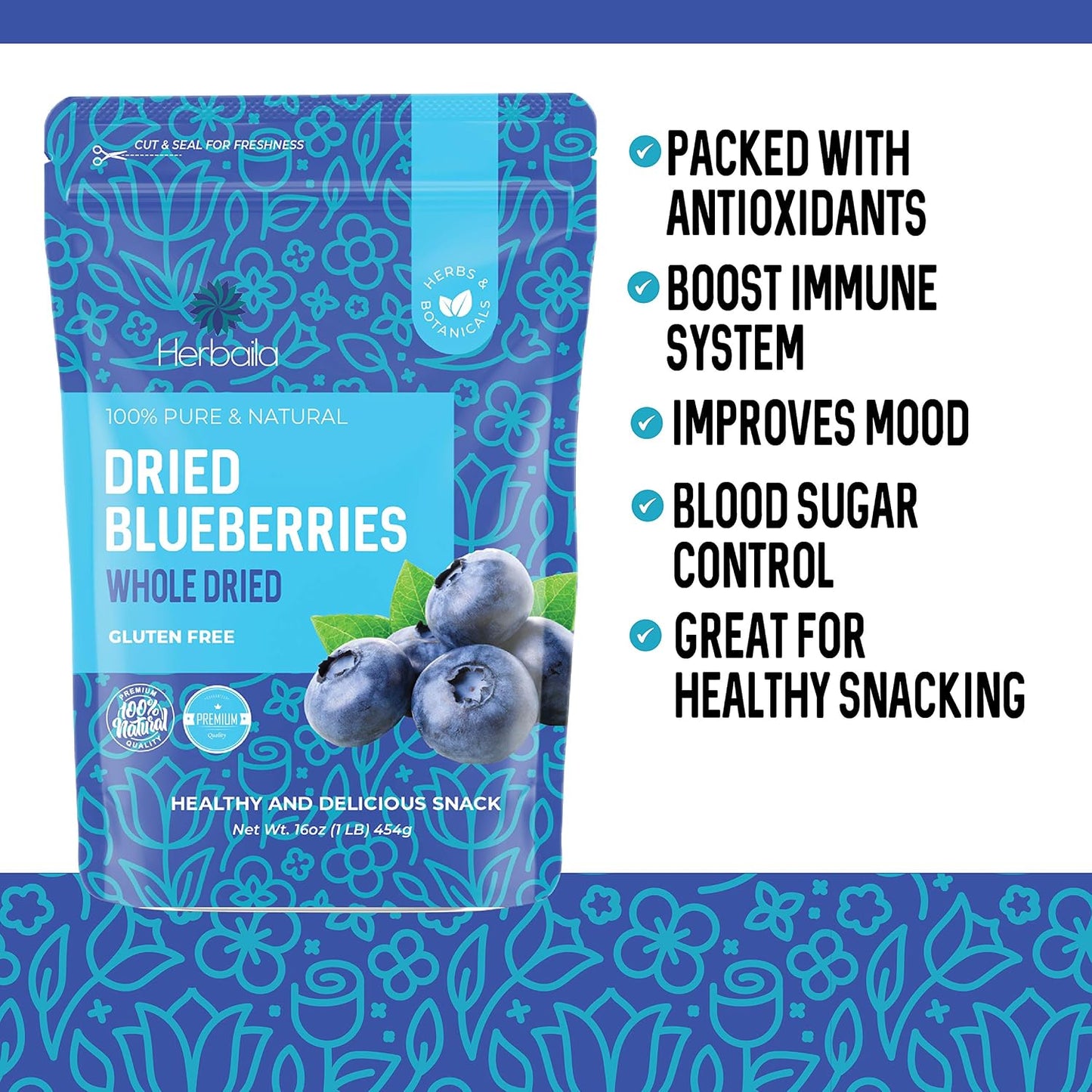 Bulk Dried Blueberries, No Sugar Added, 1 Pound, 16 oz, All Natural, Non-GMO
