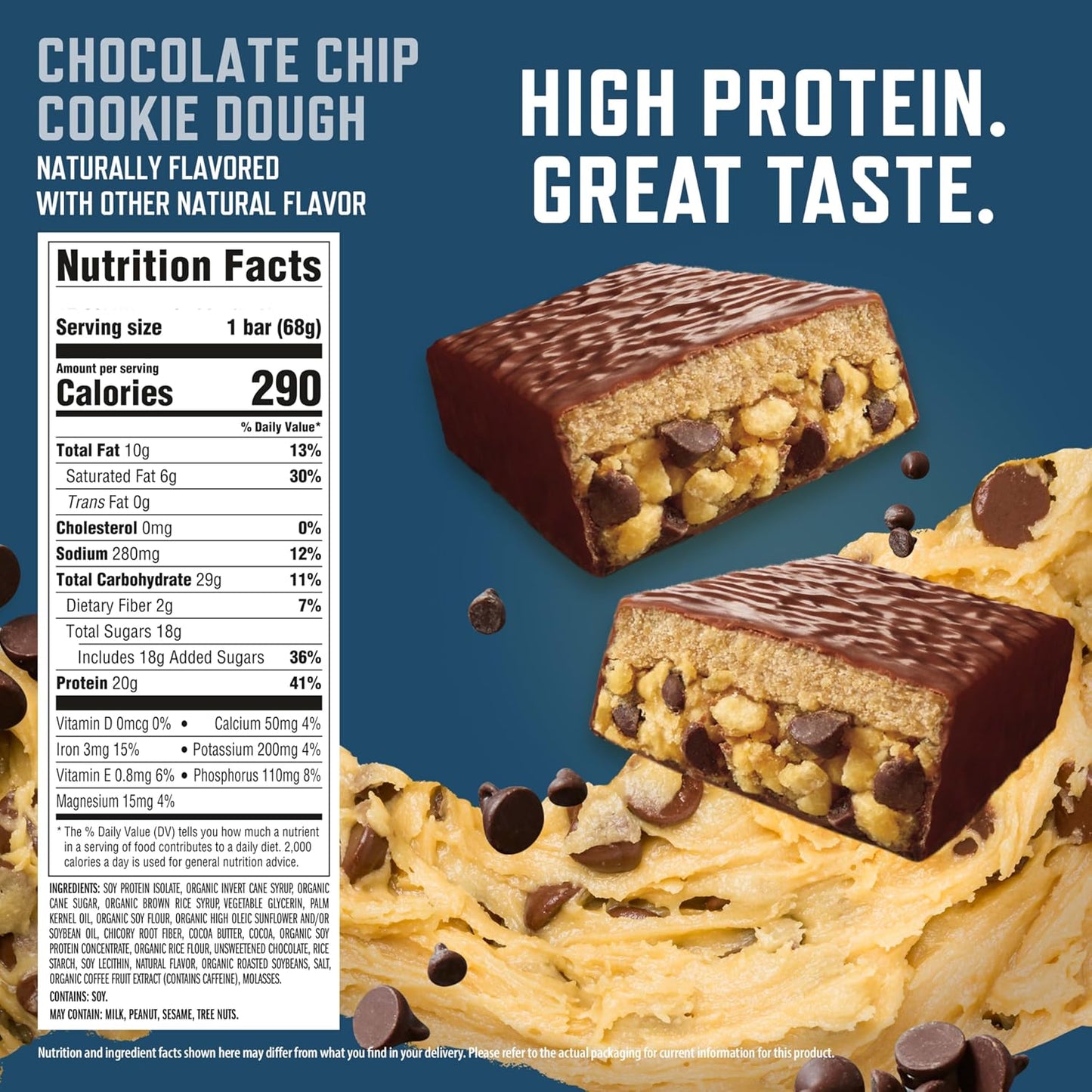 CLIF BUILDERS + Caffeine Protein Bars, Chocolate Chip Cookie Dough Flavor, 20g Plant Based Protein, Gluten Free, Non-GMO, Low Glycemic, No Artificial Sweeteners, 2.4 oz, 12 Pack