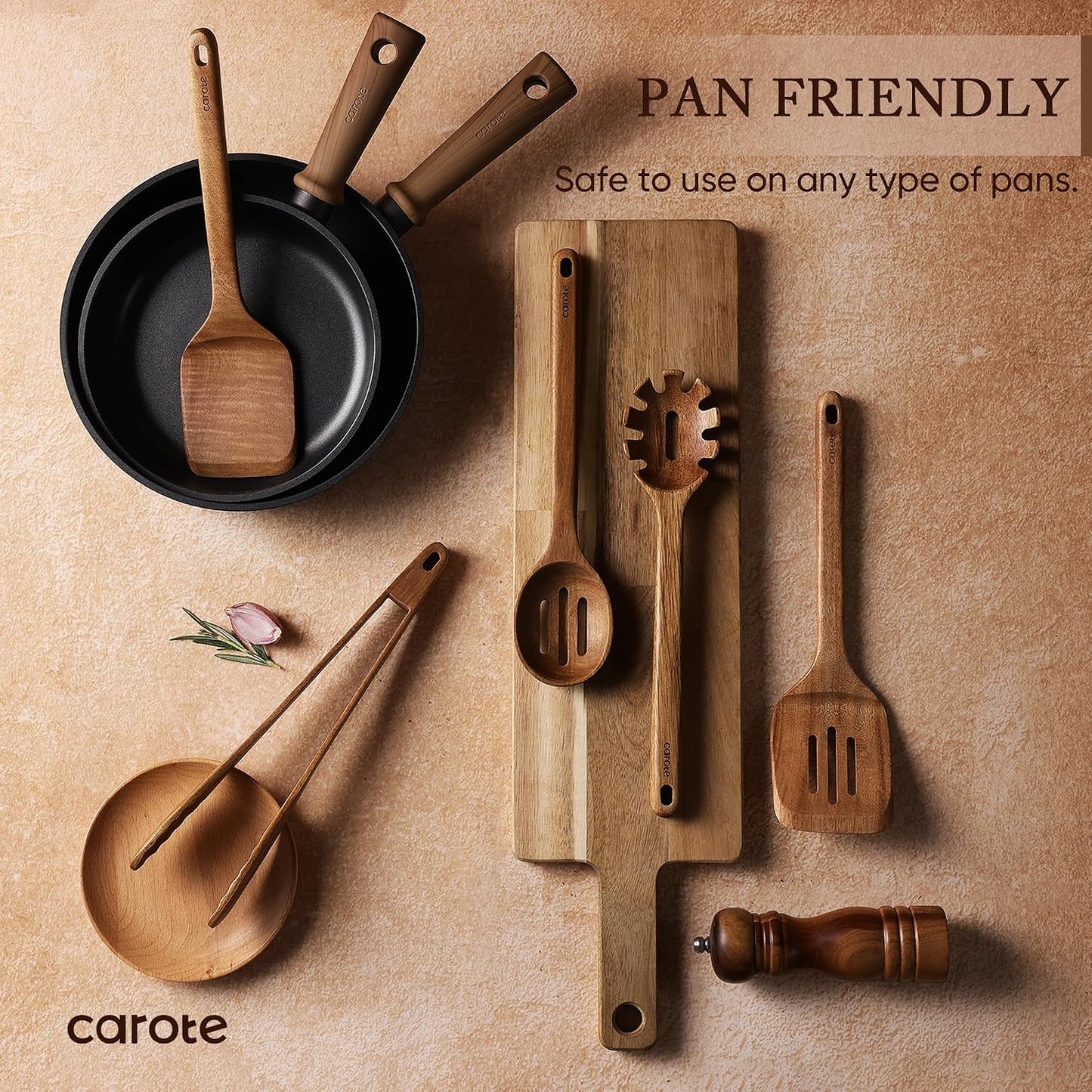 CAROTE Wooden Utensil Set, 8-Piece Acacia Wood Cooking Utensils | Nonstick Cookware Friendly, Durable, Heat-Resistant, Cool-Touch Handles, Hanging Loops, Everyday Kitchen Essentials