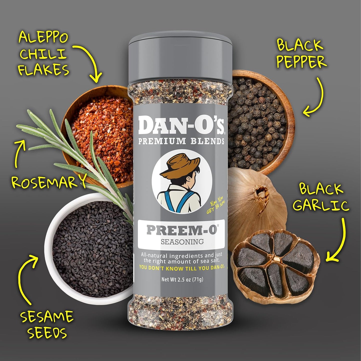 Dan-O's Preem-O Seasoning, 2.5 oz, Sugar-Free, Zero-Calorie, Steak and Meat Seasoning