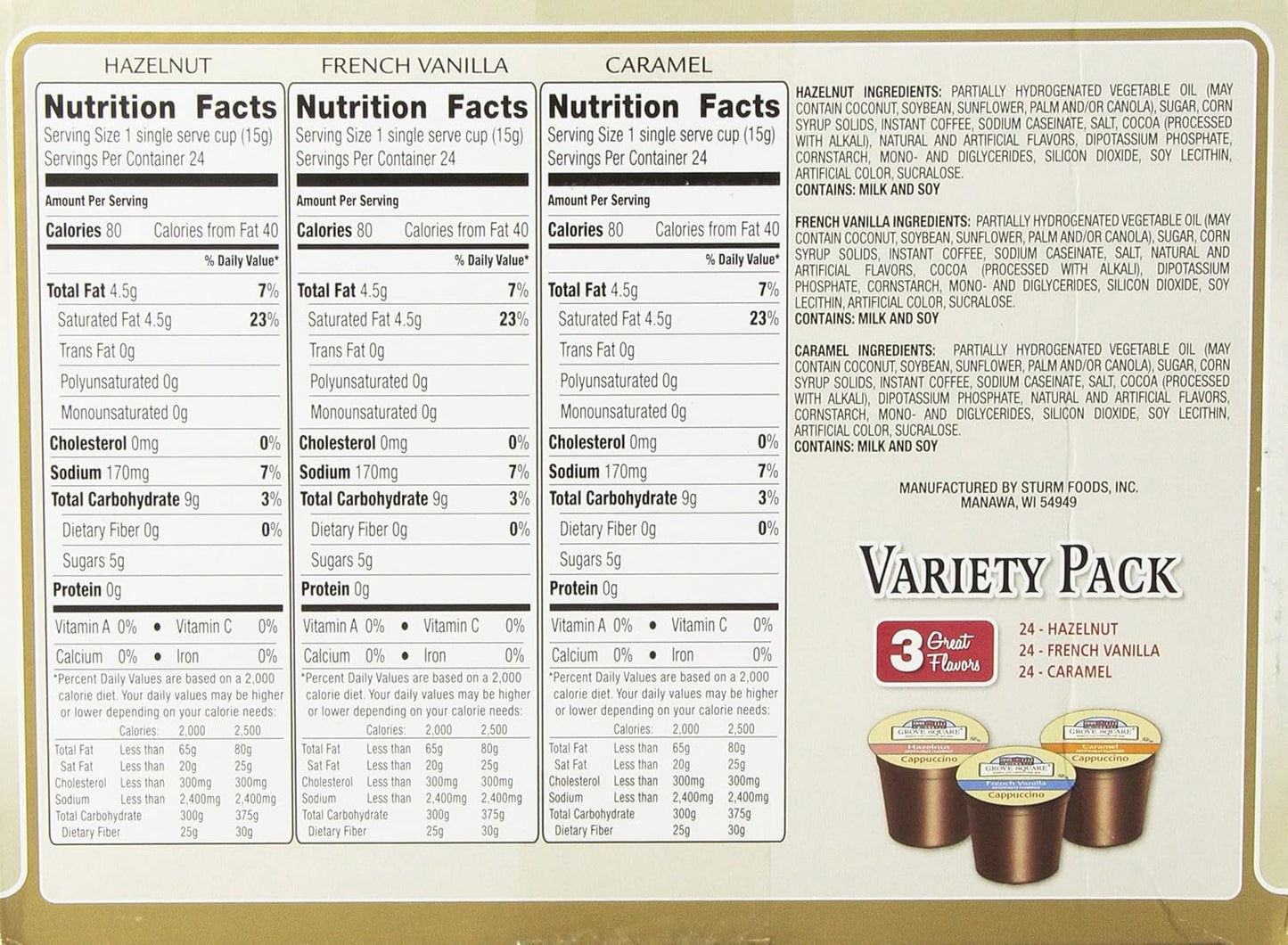 Grove Square Cappuccino Pods Variety Pack Single Serve 72 Count