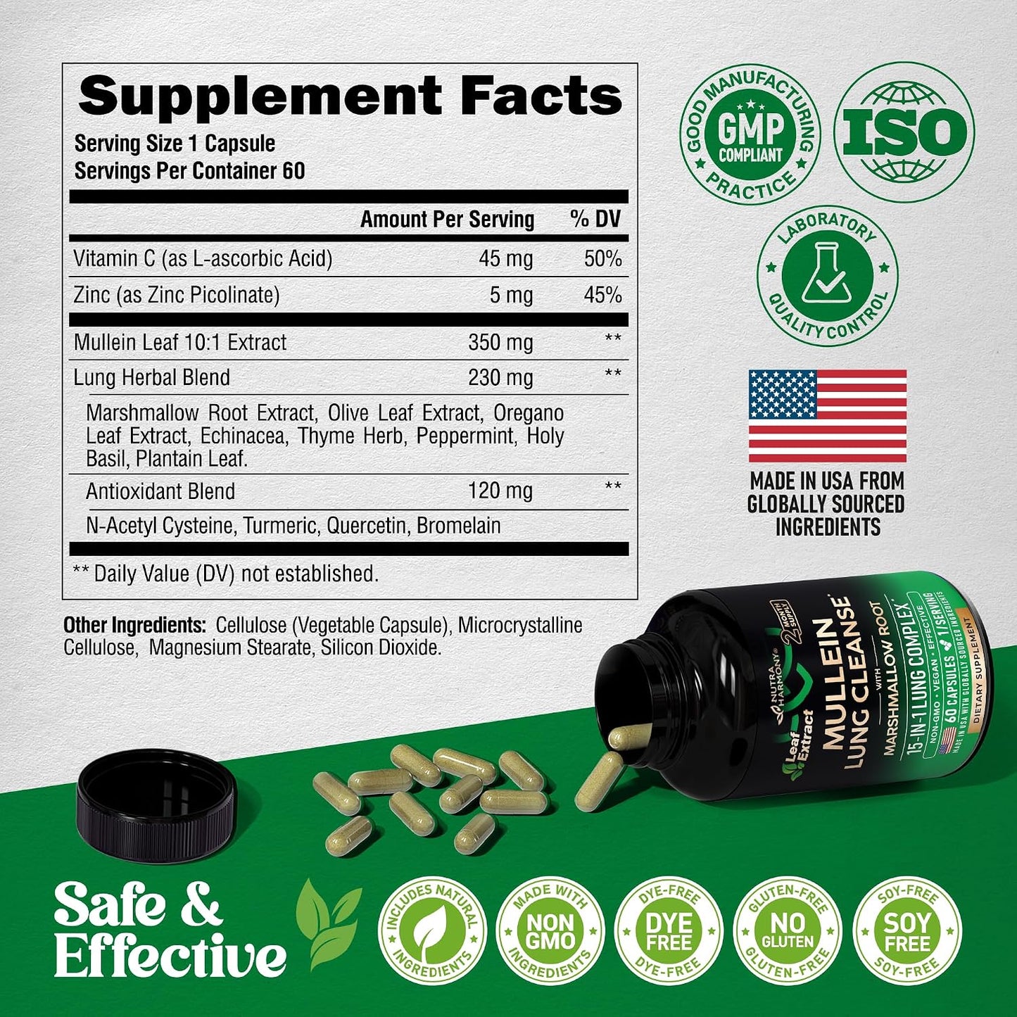 Mullein Lung Detox Supplement with Mullein Leaf 10:1 Extract and 15-in-1 Lung Support