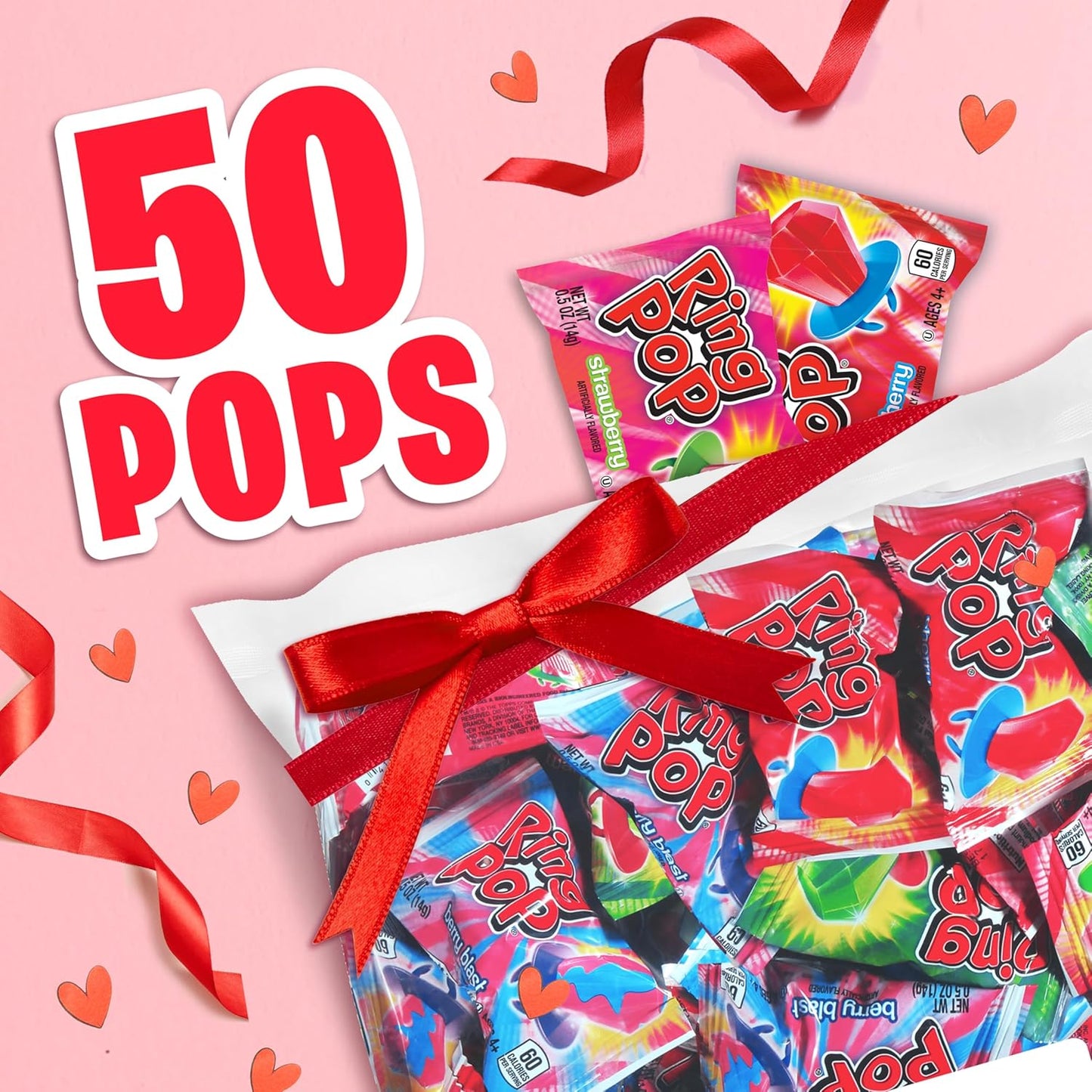 Ring Pop Candy, assorted fruity flavors, 50-count, full-size party favors for birthday celebrations and gifts
