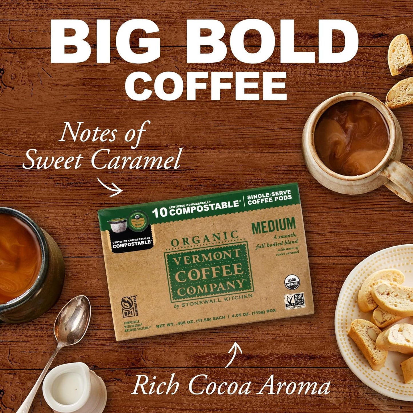 Vermont Coffee Company Organic Medium Roast Single-Serve Compostable Coffee Pods for Keurig