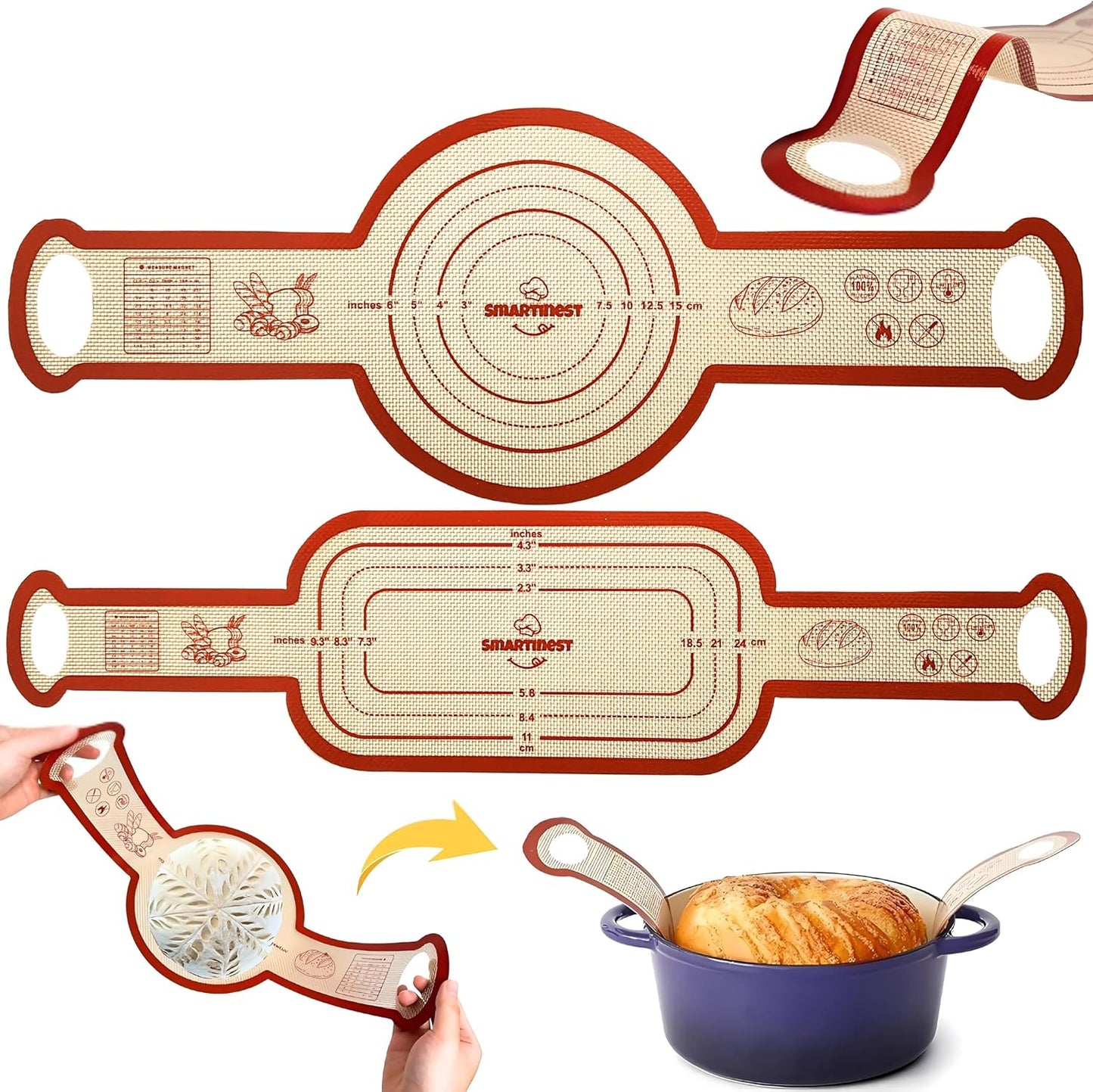Sourdough Silicone Bread Sling for Dutch Oven, 2PCS Non-Stick Reusable Baking Mat with Long Handles, Essentials Bread Making Supplies for Dough Transfer and Loaf Pan Lifter Liner, Set Of Oval & Round