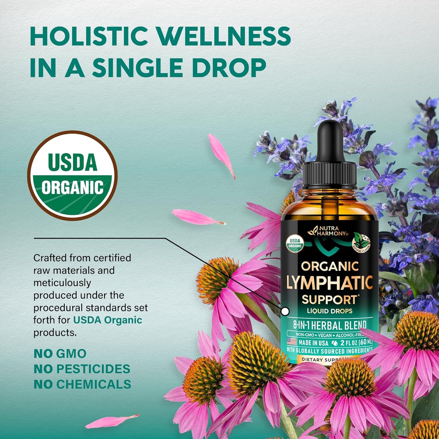 USDA Organic Lymphatic Drainage Supplement - Echinacea | Elderberry | Dandelion | Rosehip | Cleavers | Calendula | Burdock - Lab Tested - Lymph System Drops - Immune Support, Cleanse & Detox, 2 fl oz