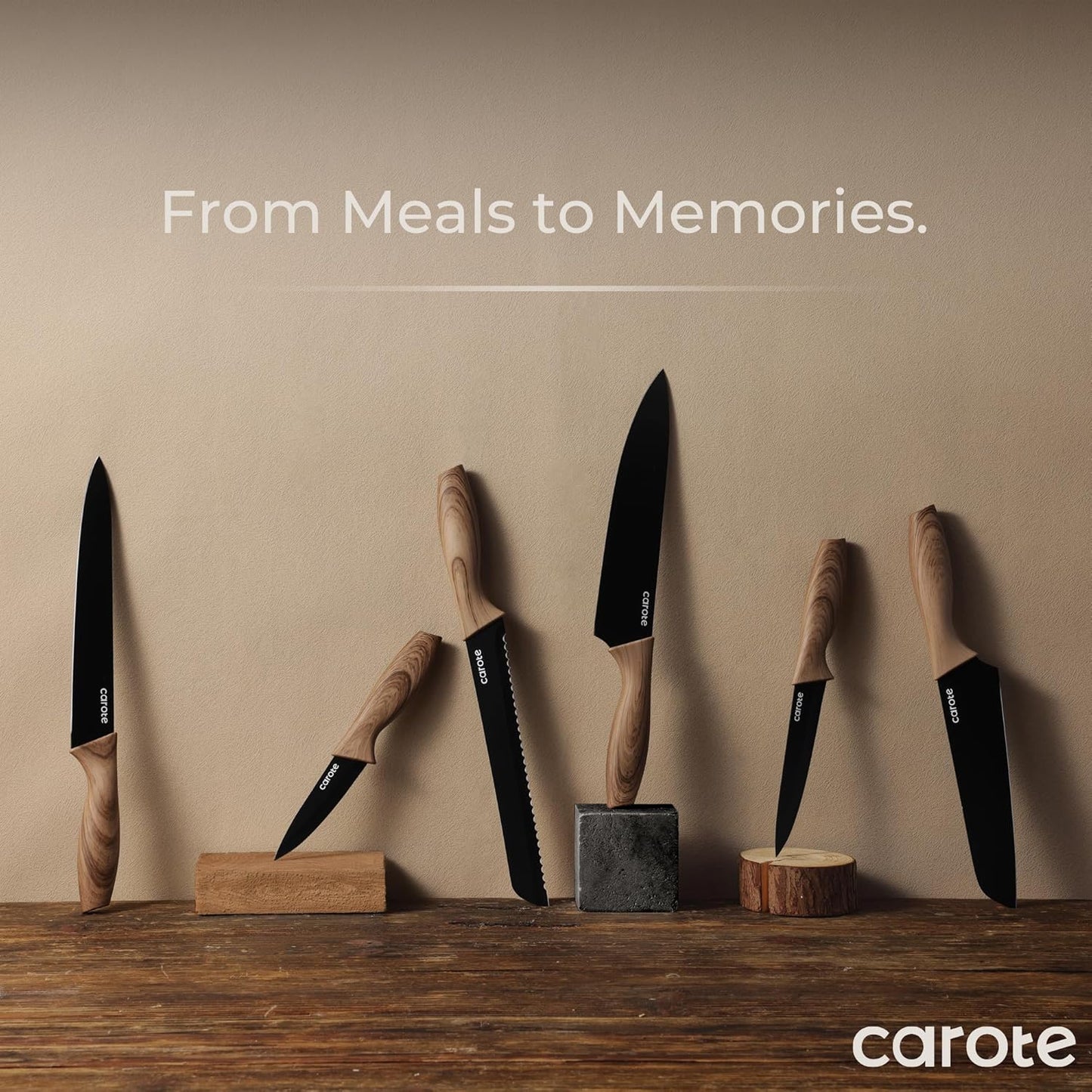 CAROTE 12-Piece Knife Set, Knives with Wood-Grain Finish Handles, Black | 6 Blade Guards, Stainless Steel Blade, Ceramic Nonstick Coating, Long-Lasting Sharpness, Rust-Resistant, Kitchen, Camping, RV